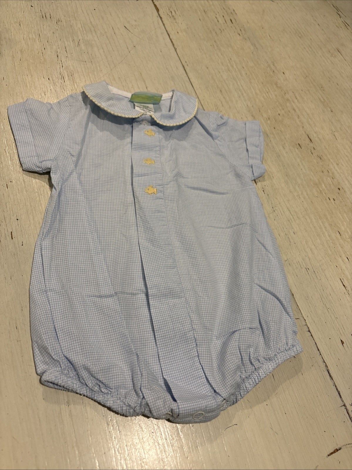 Bailey Babies Romper 3 Months Embroidered Fish White Blue Check Short Sleeve￼