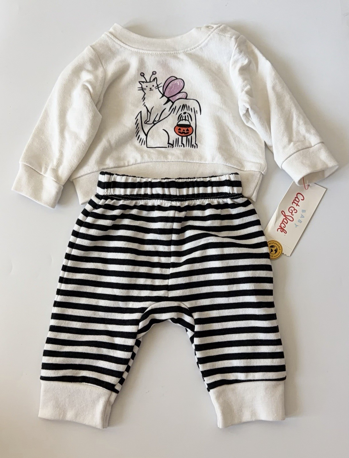 Cat & Jack Baby Girl Outfit Set NB Black White Striped Pants Cute Graphic Cozy
