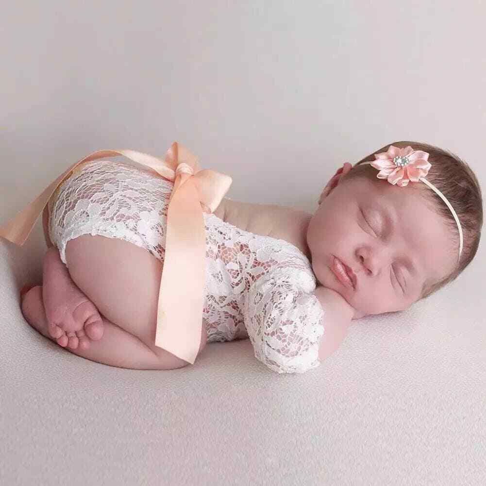 Newborn Girl Outfit Photo Prop Baby Infant 2 Pcs Set Bodysuit + Flower Headband
