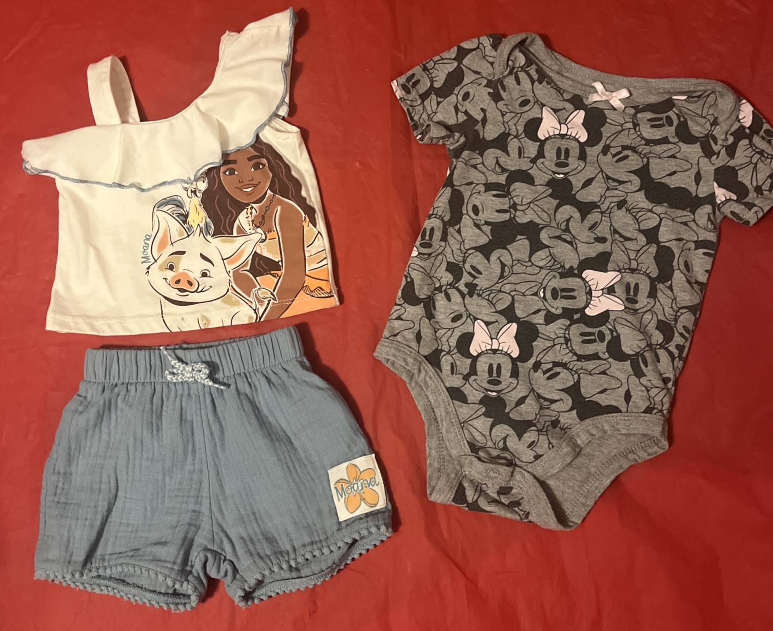 Girl’s 3-piece Lot Moana 2 Outfit & Minnie Mouse 1-pc Size 12 Month Lot #1630