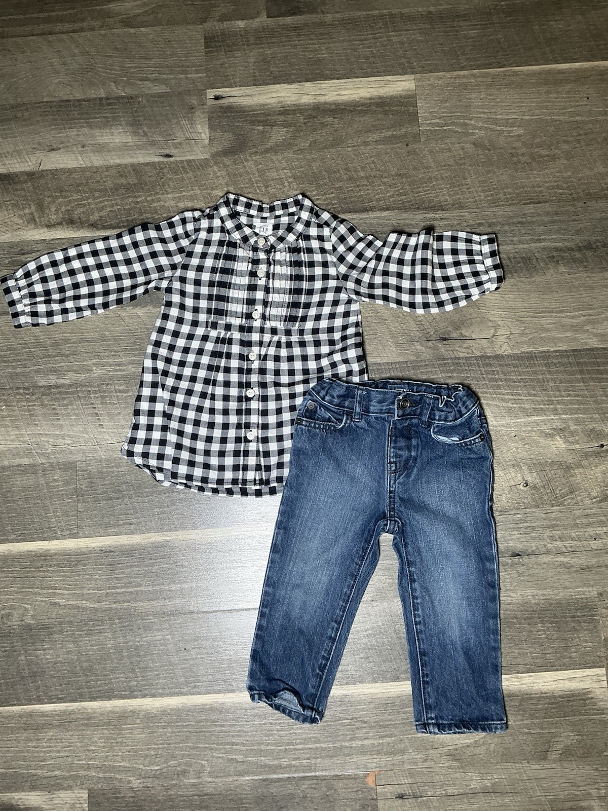 Gap Gingham Long Sleeve Button Shirt & Children’s Place Denim Jeans Set 18-24M