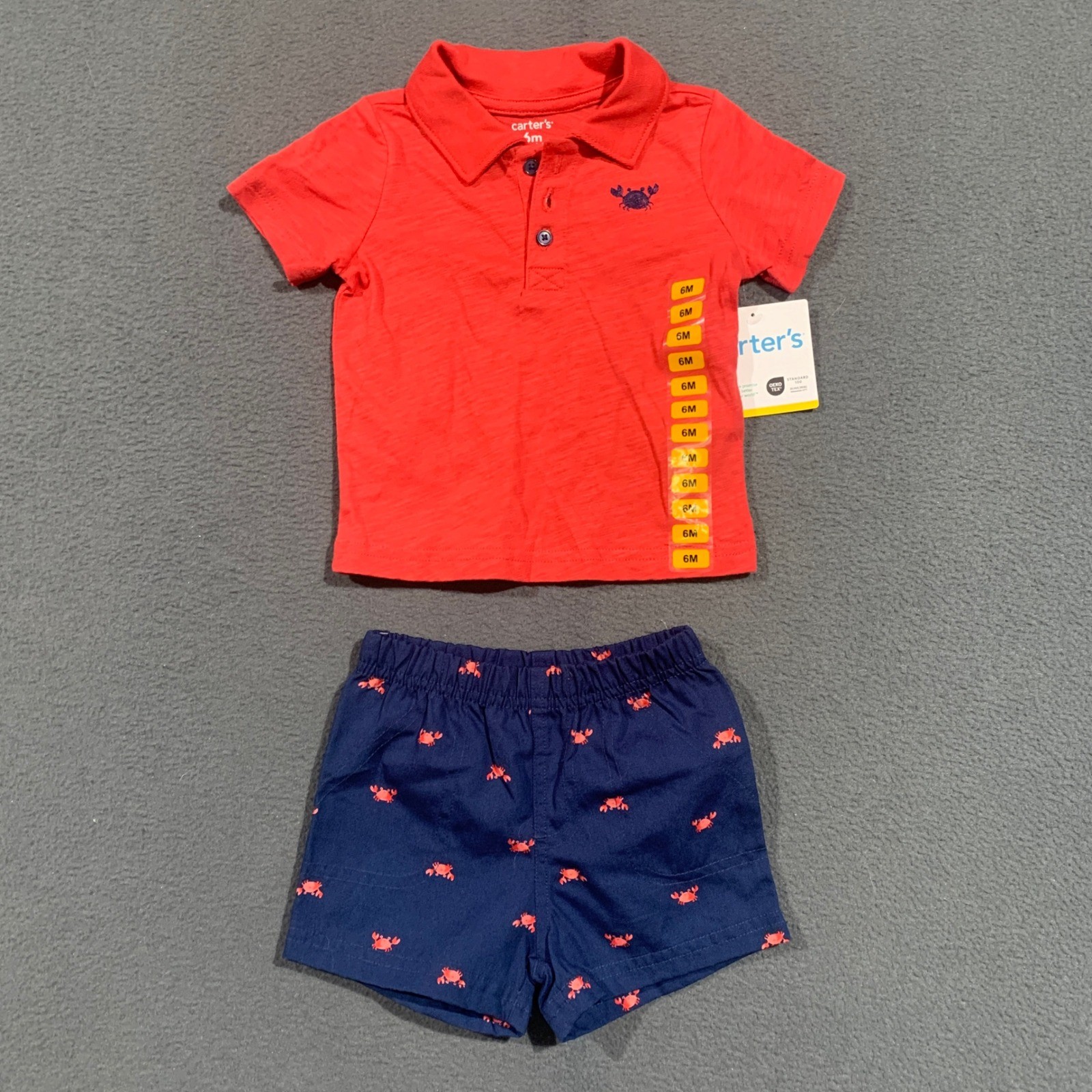 Carters Baby Boy 6M Red Crab Polo Shirt and Navy Shorts 2 Piece Set NEW