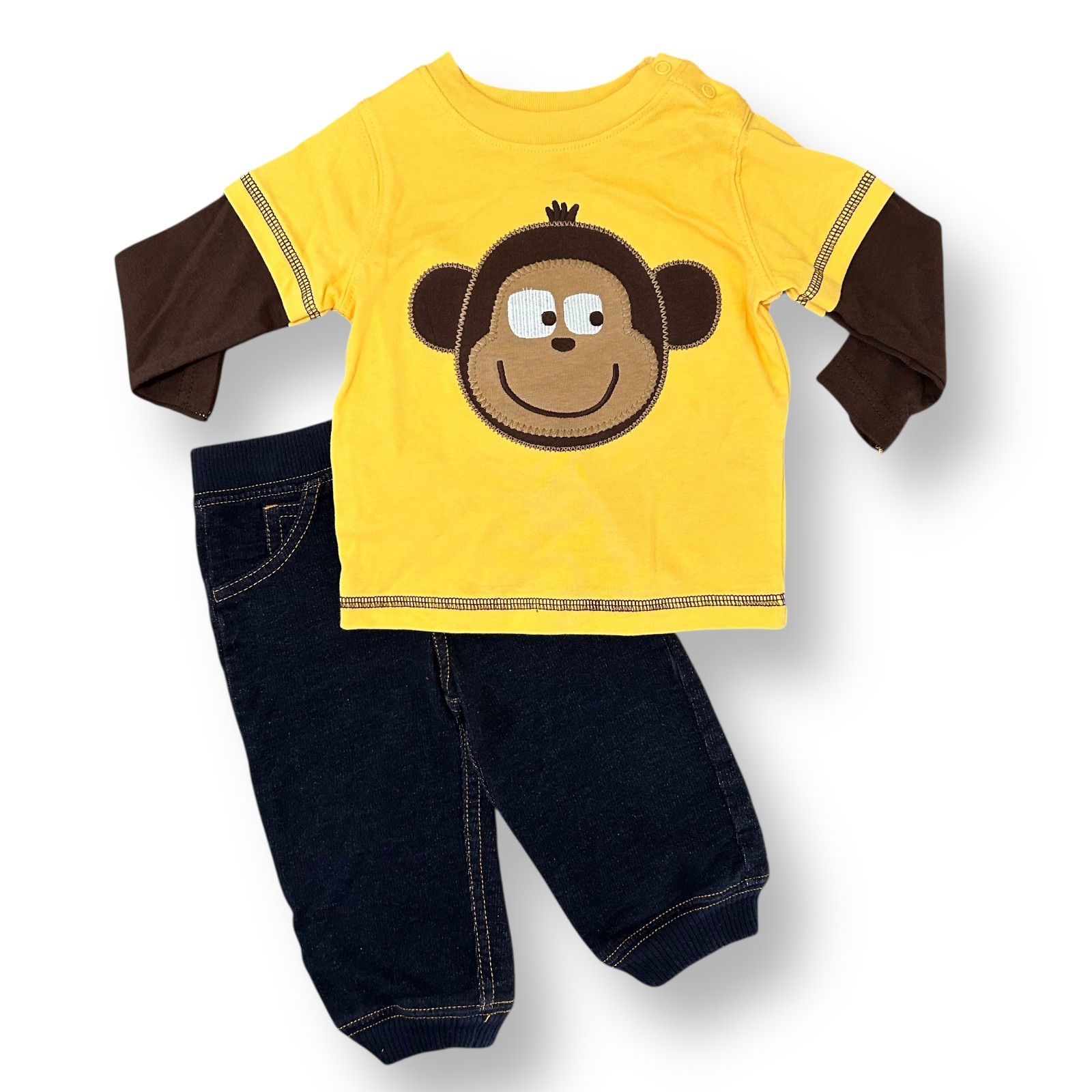 Carter’s Baby Boy 9 Months Outfit Yellow Monkey Shirt and Blue Pull On Pants Set