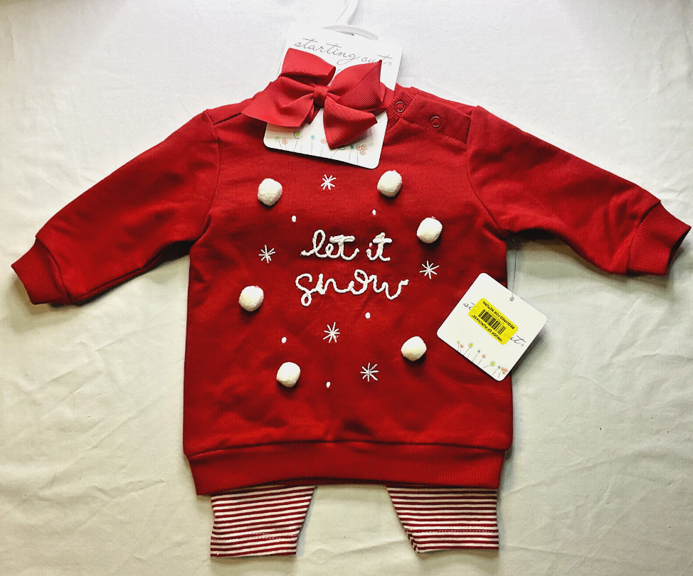 Starting Out Girls “Let It Snow” 3Pc Set-Sweatshirt, Pants, Bow-Red, 3M