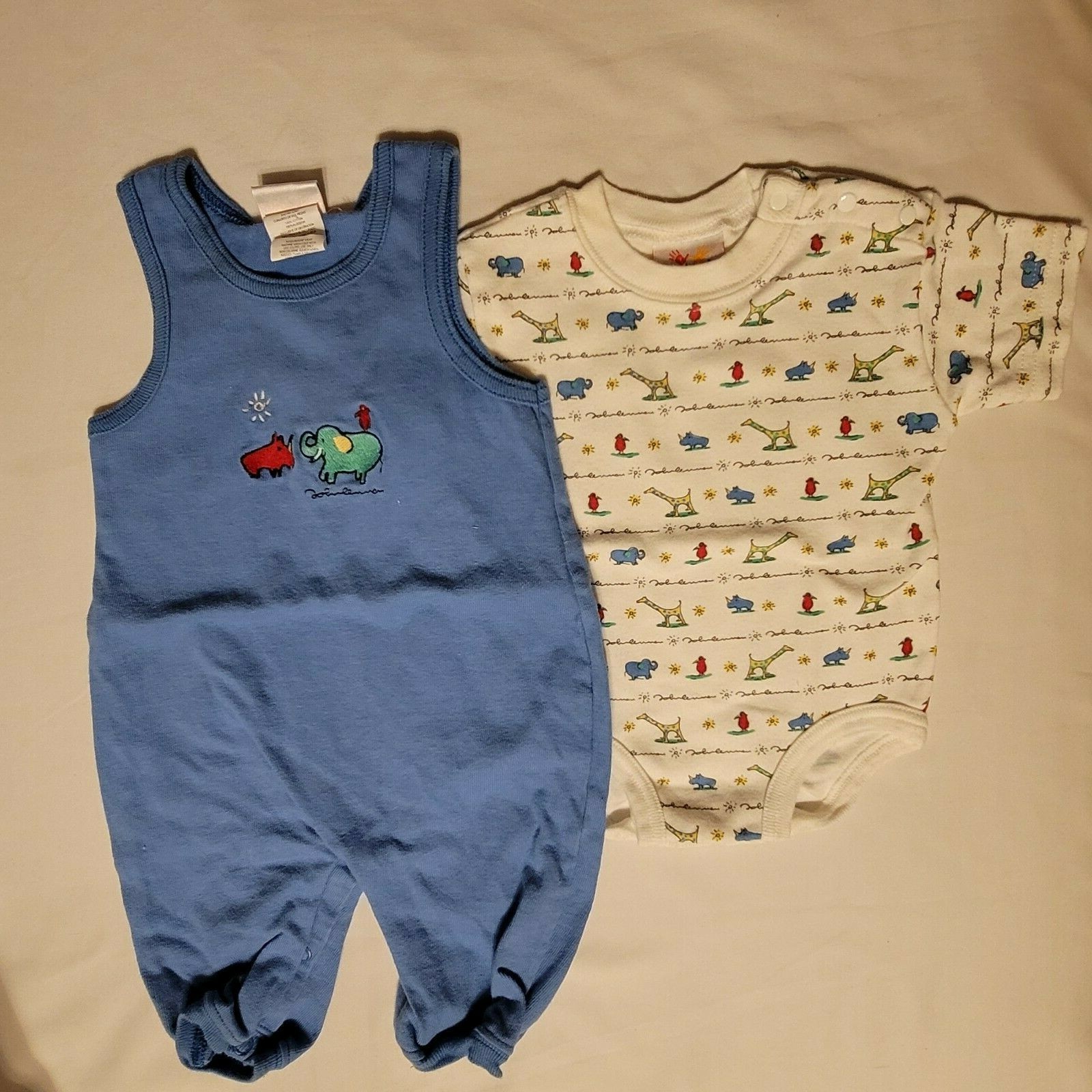 Carters John Lennon Elephant Rhinoceros Bird Blue Overalls Bodysuit 3-6 Outfit