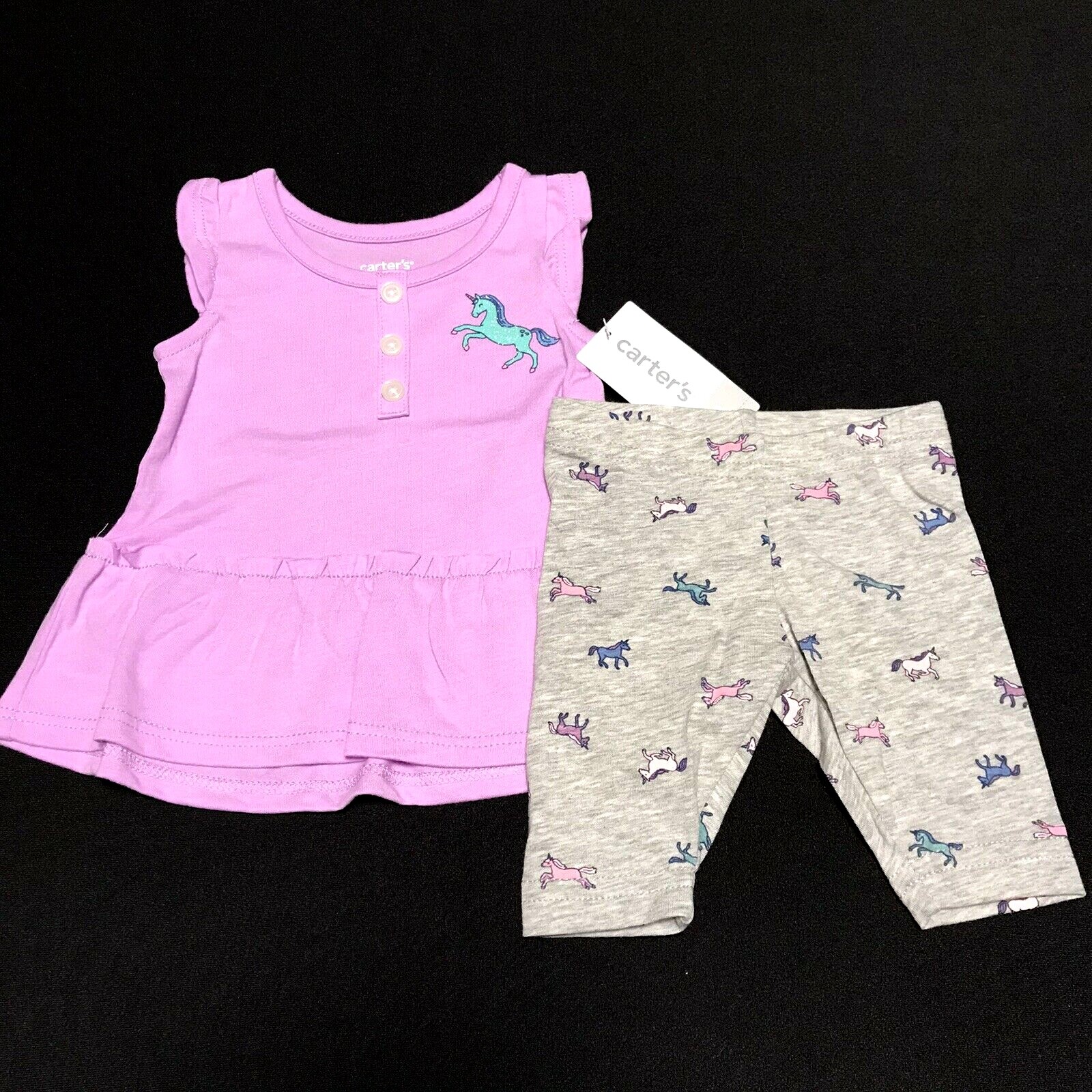 Carter’s Baby Girls 2pc Pants & Top Outfit Set Sz 3M Lavender-Gray Unicorn Print