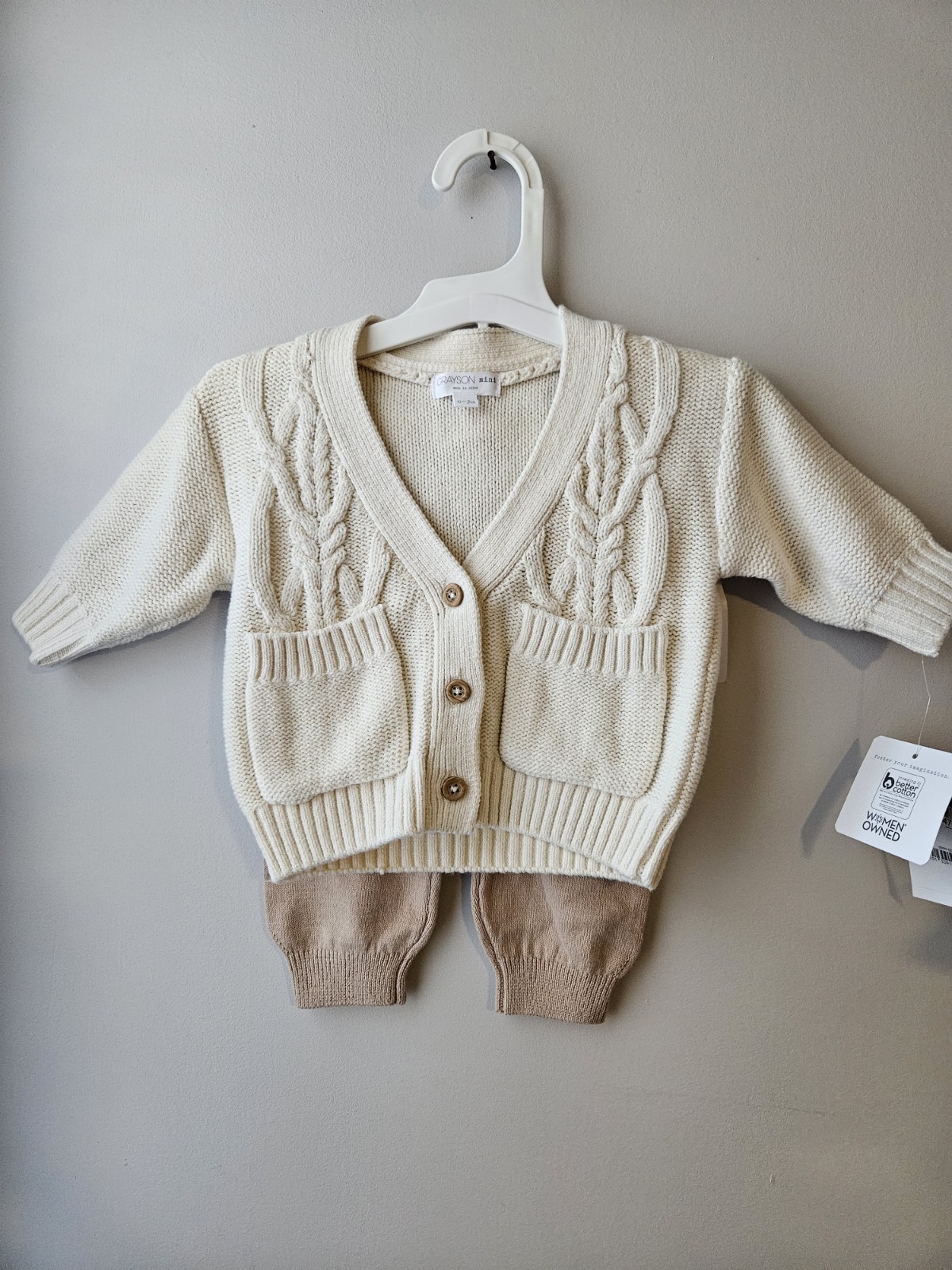 Grayson Mini Baby Knit Cardigan & Pants Set 0-3M Cream Beige Unisex Cotton Blend
