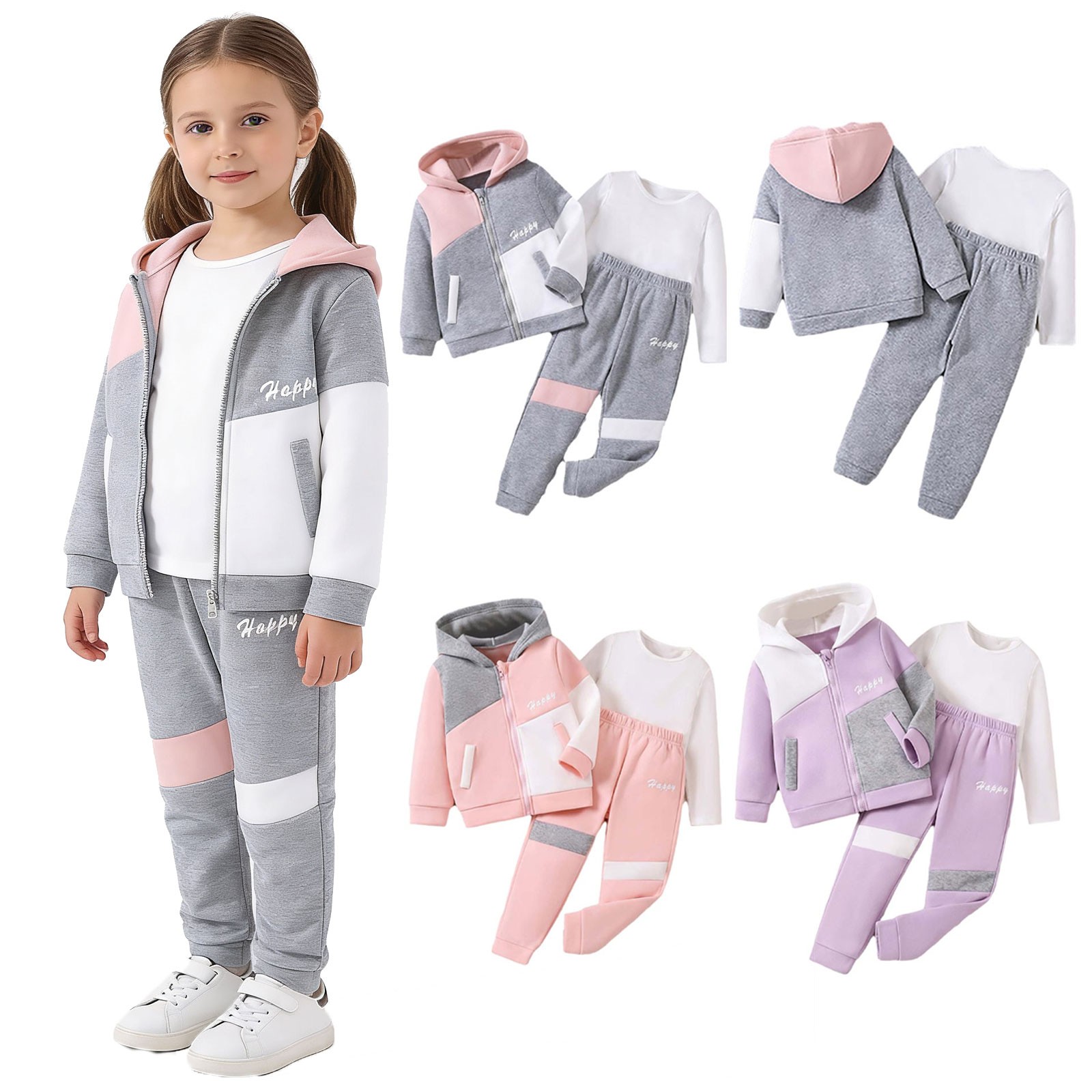 Baby Girls Sweatpants Jogger T-shirt Elastic Waistband 3-Piece Set Fleece-Lined