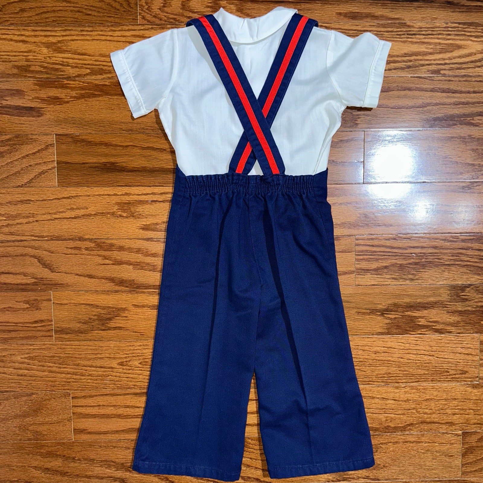 Vintage Baby Boys Red White Blue Sailboat Sailor Shirt & Overalls Set