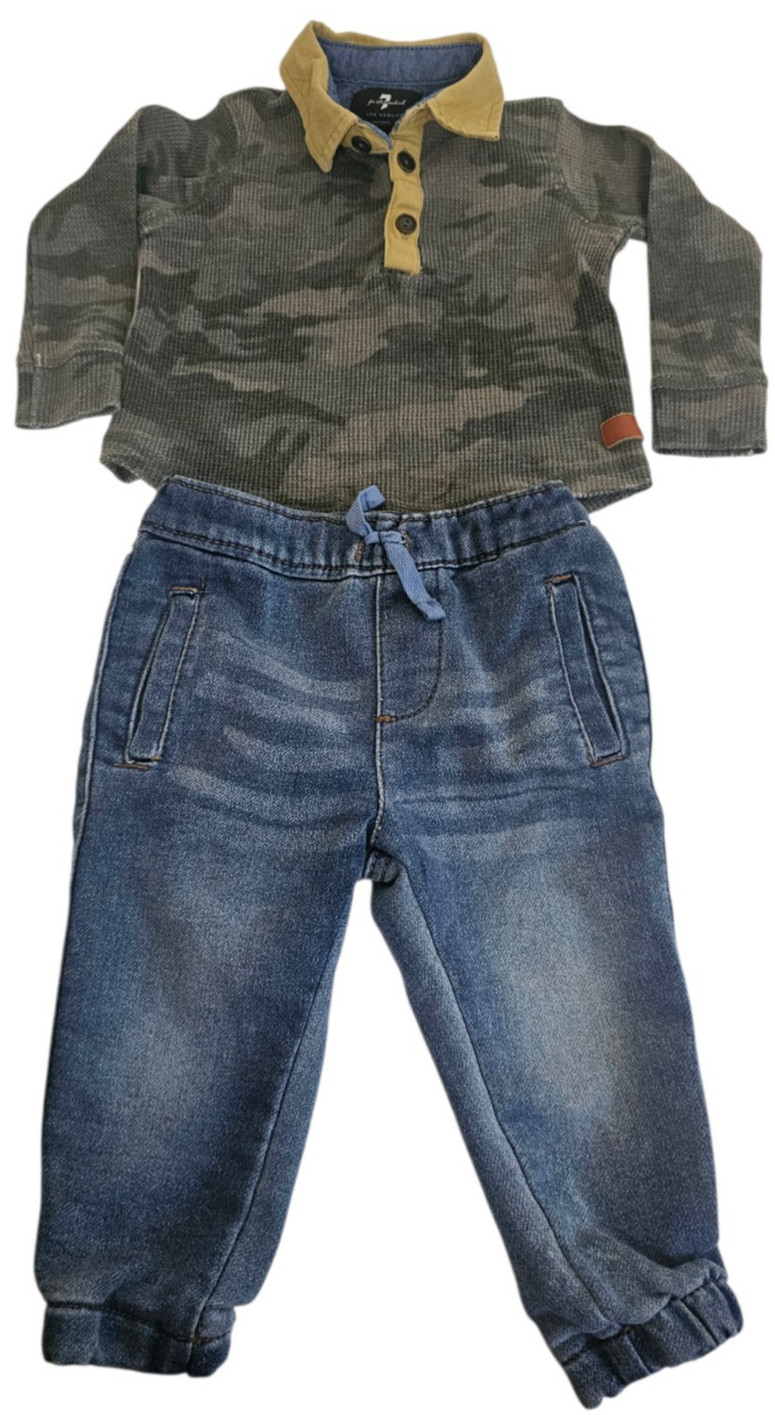 Seven For All Mankind Baby Boy Camo Henley Shirt Denim Blue Jeans Set 12 Months