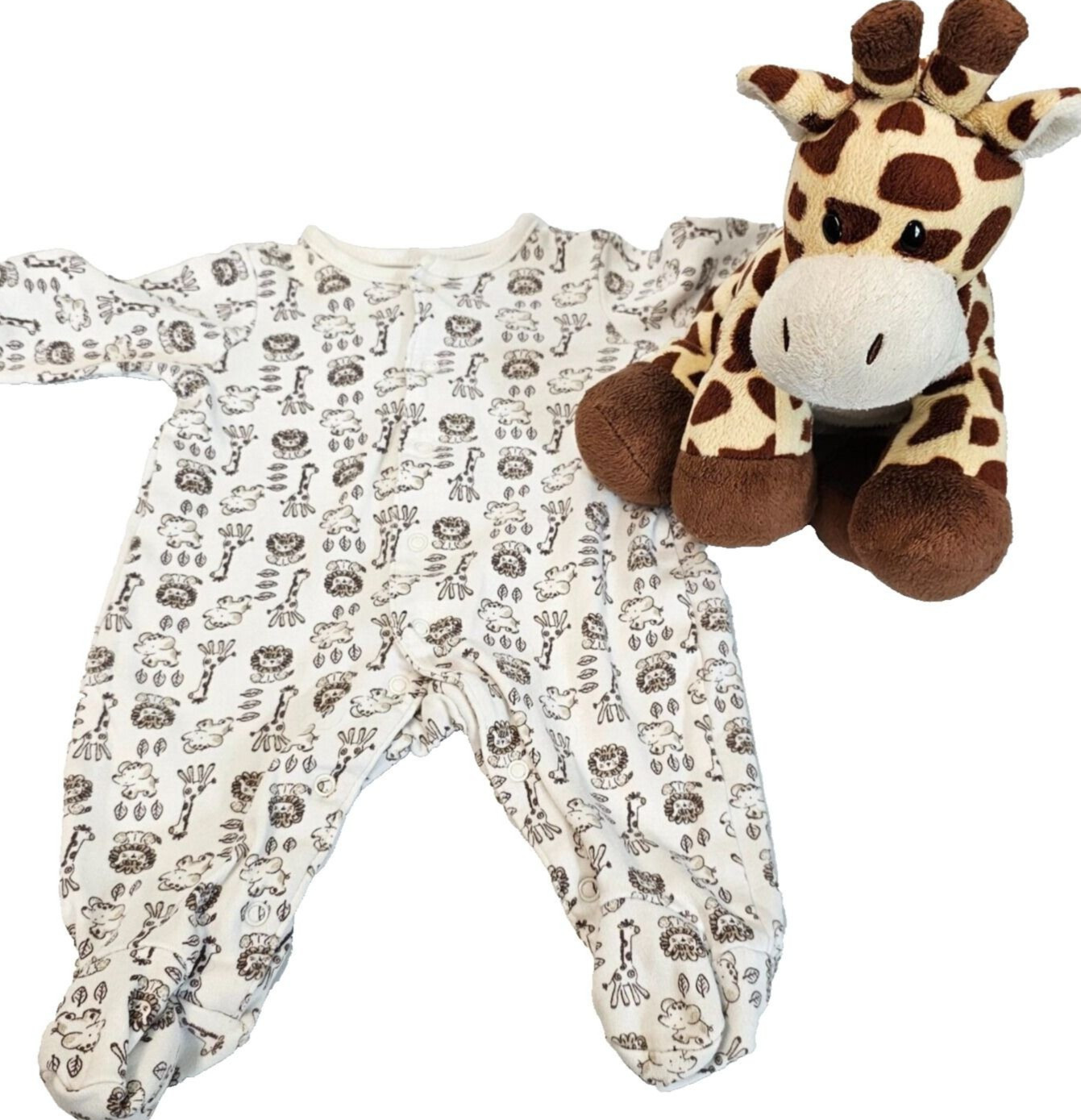 Newborn Baby Safari Animals Footed Sleeper & TY Giraffe “Tiptop” Plush Decor Set