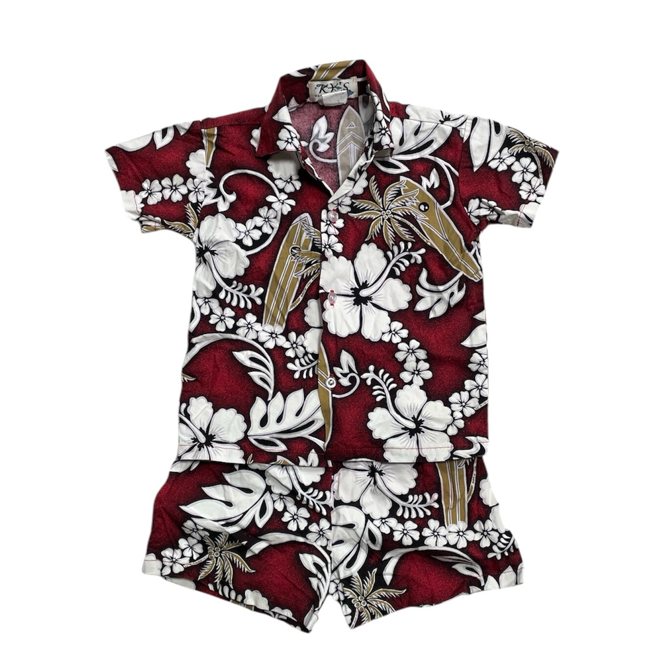 KY’s Hawaii Hawaiian Shirt Shorts Set Red Floral and Surfboards 2T Boys Keiki