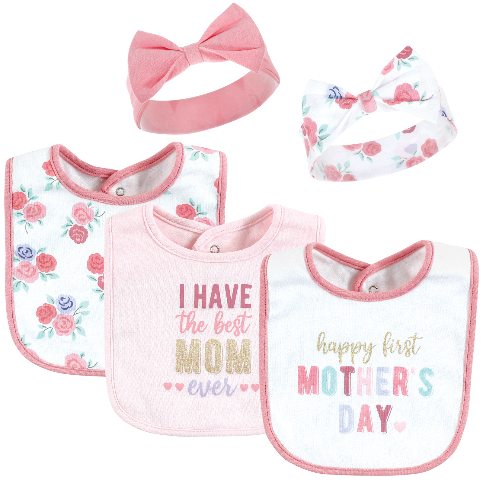 Hudson Baby Cotton Bib and Headband or Caps Set, Mothers Day, 0-9 Months
