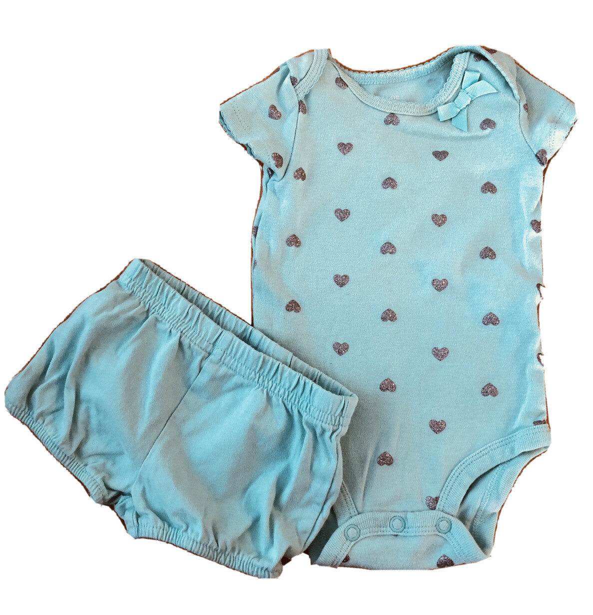 JUST ONE YOU 2pc Snap Suit Romper Shorts Pale Green Glitter Hearts 3mos Baby