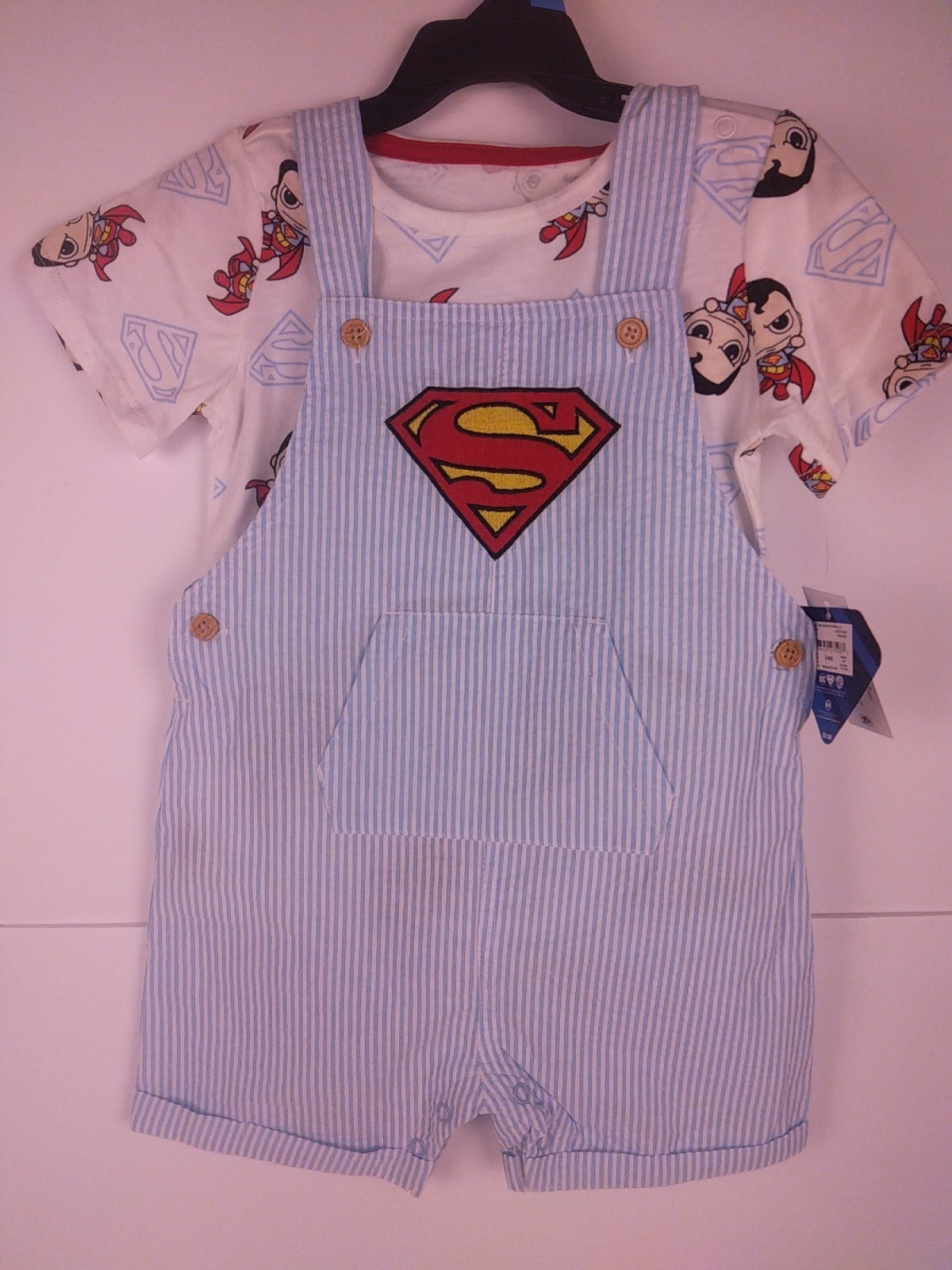 DC Superman Infant Boys 2 Piece Light Blue Short Coveralls Set Size 24M. (B1)