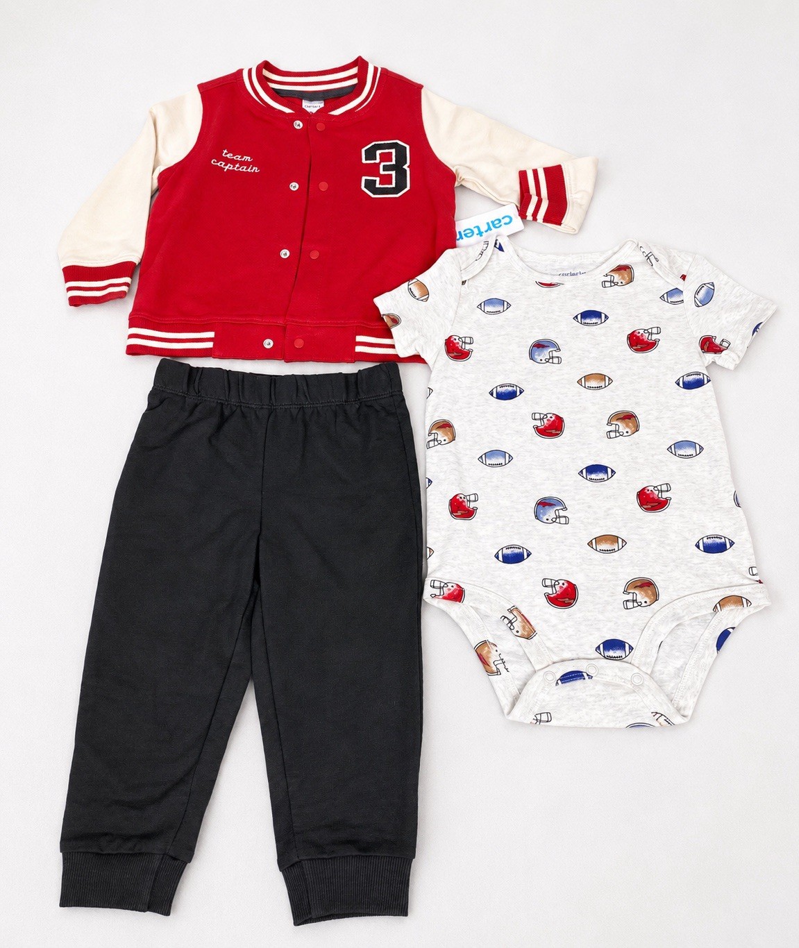 Carter’s Boys 3-Piece Outfit Set 18M NWT Varsity Jacket Bodysuit Pants Gray Red
