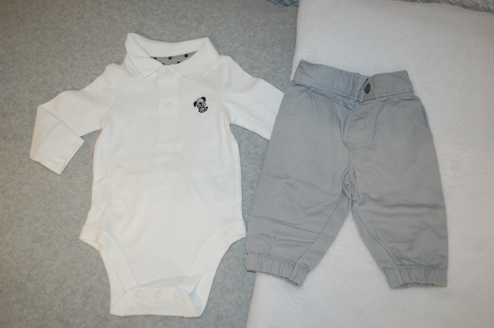 Baby Boys WHITE L/S POLO SHIRT Puppy GRAY PANTS Woven 0-3 3-6 6-9 12 18 24 MO