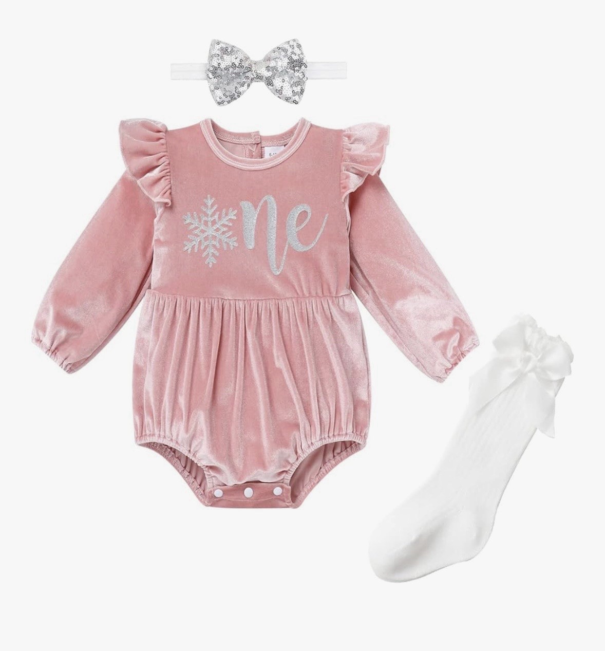 Pink Velvet Snowflake Holiday Romper Set with Headband and Socks, Winter Party
