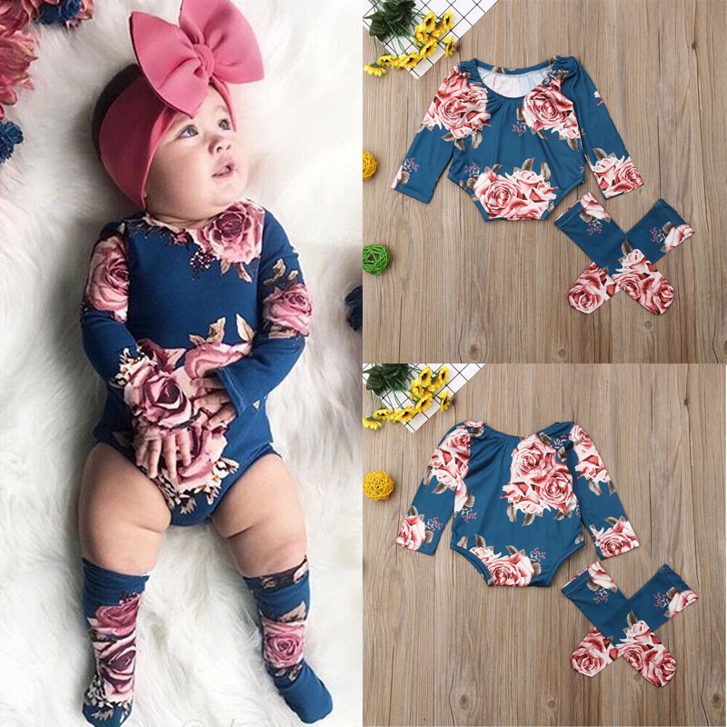 Newborn Baby Girl Clothes Floral Romper Jumpsuit + Leg Socks 2PCS Outfits Set