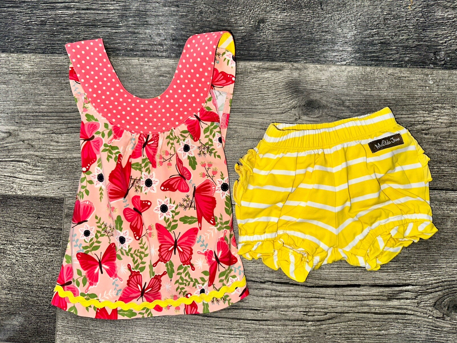 Girls 6-12-18 M Matilda Jane Butterfly Top & Yellow Stripe Shorts Outfit
