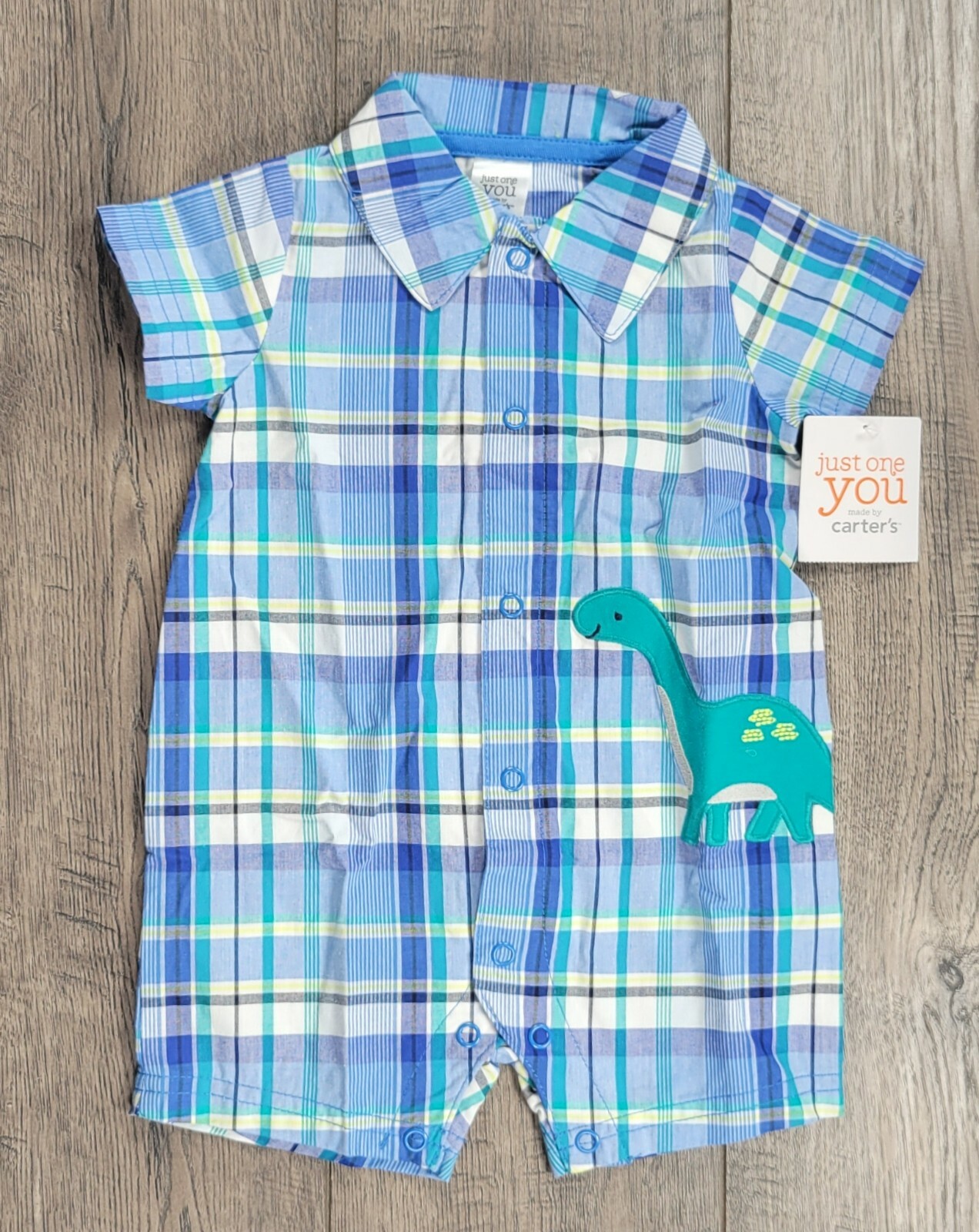 Baby Boy New Just One You Carter’s 3 Month Blue Plaid Dinosaur Dressy Romper