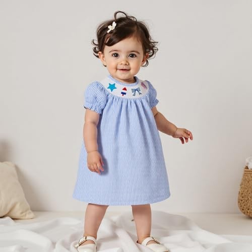 Toddler Little Baby Girl 4th of July Dress Puff Short Sleeve Stripes Smocked
