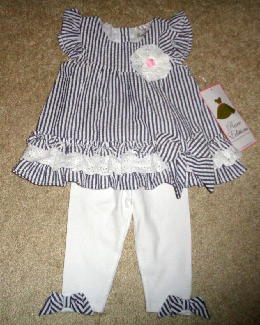 Rare Editions Baby Girls 2 Piece Top Leggings Outfit White Eyelet Trim 6-9 Month