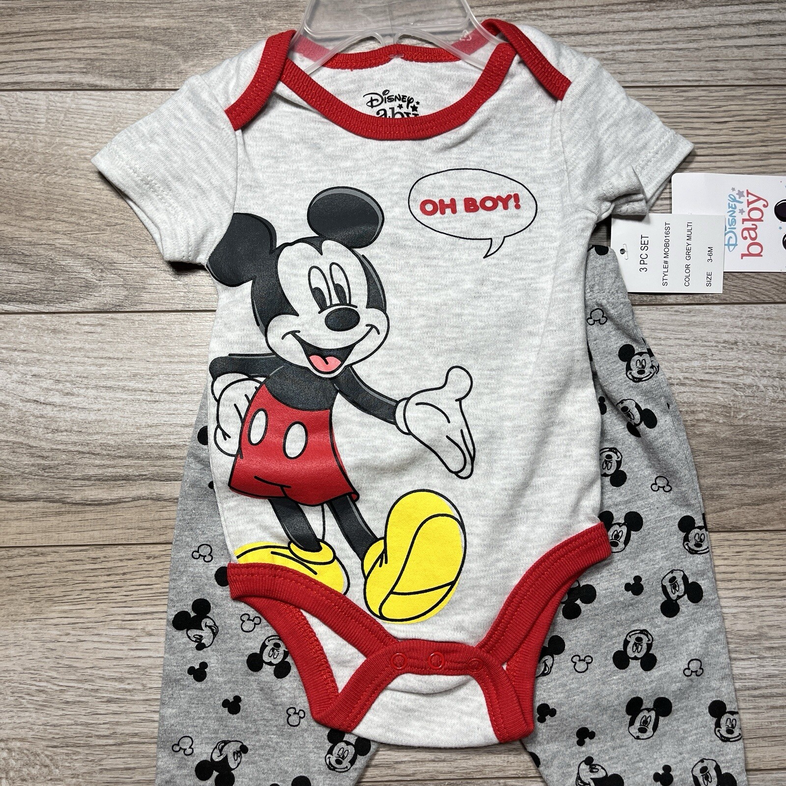 Disney 3 Piece Set Mickey Mouse 3-6 Months Infant Oh Boy Hat Bodysuit Pants NEW