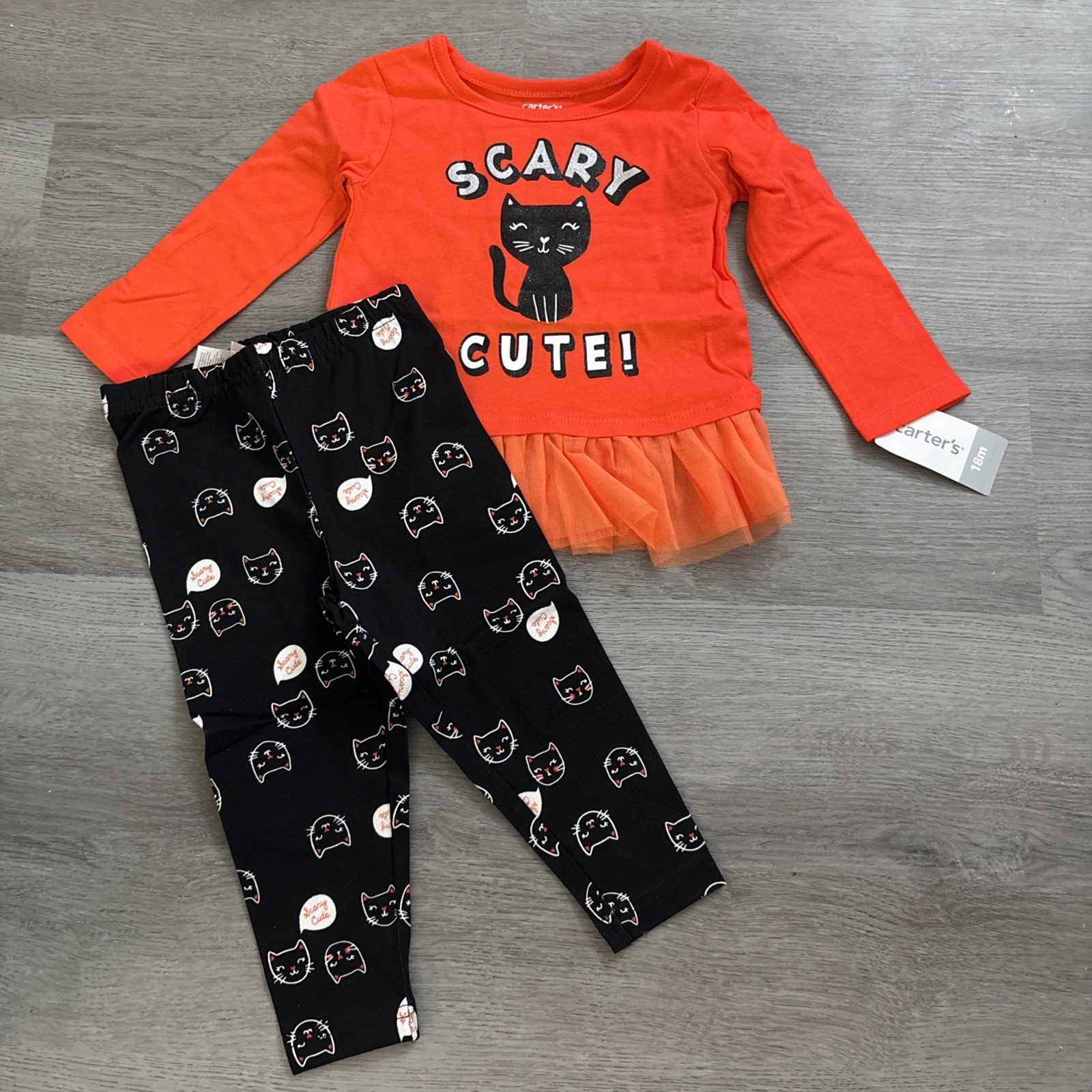 Carters Toddler Girls Orange Black Cat Kitten Sparkle Glitter Tutu 2 Pc Set 18m