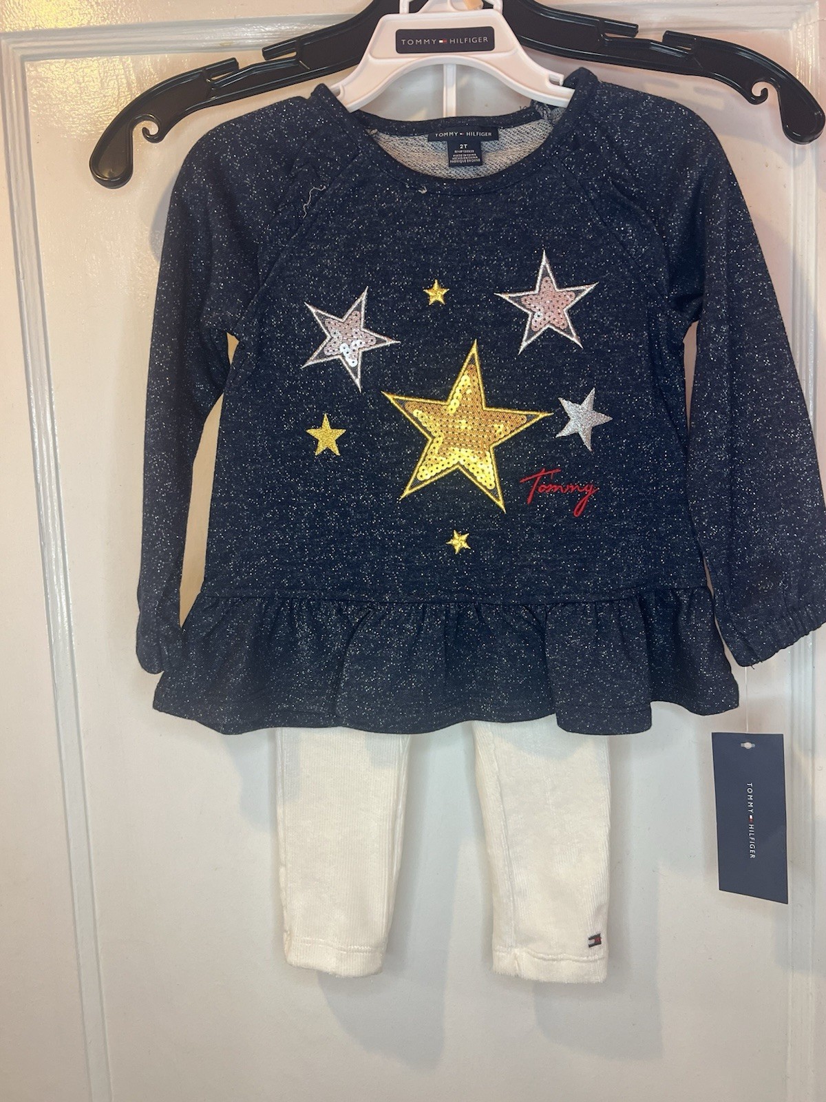 Tommy Hilfiger Glittery Navy Star Kids Top and white pants 2 piece set 2T