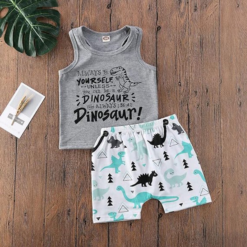 Cute Vest and Shorts Suit Cartoon Letter Tops and Dinosaur Plant Short Pants