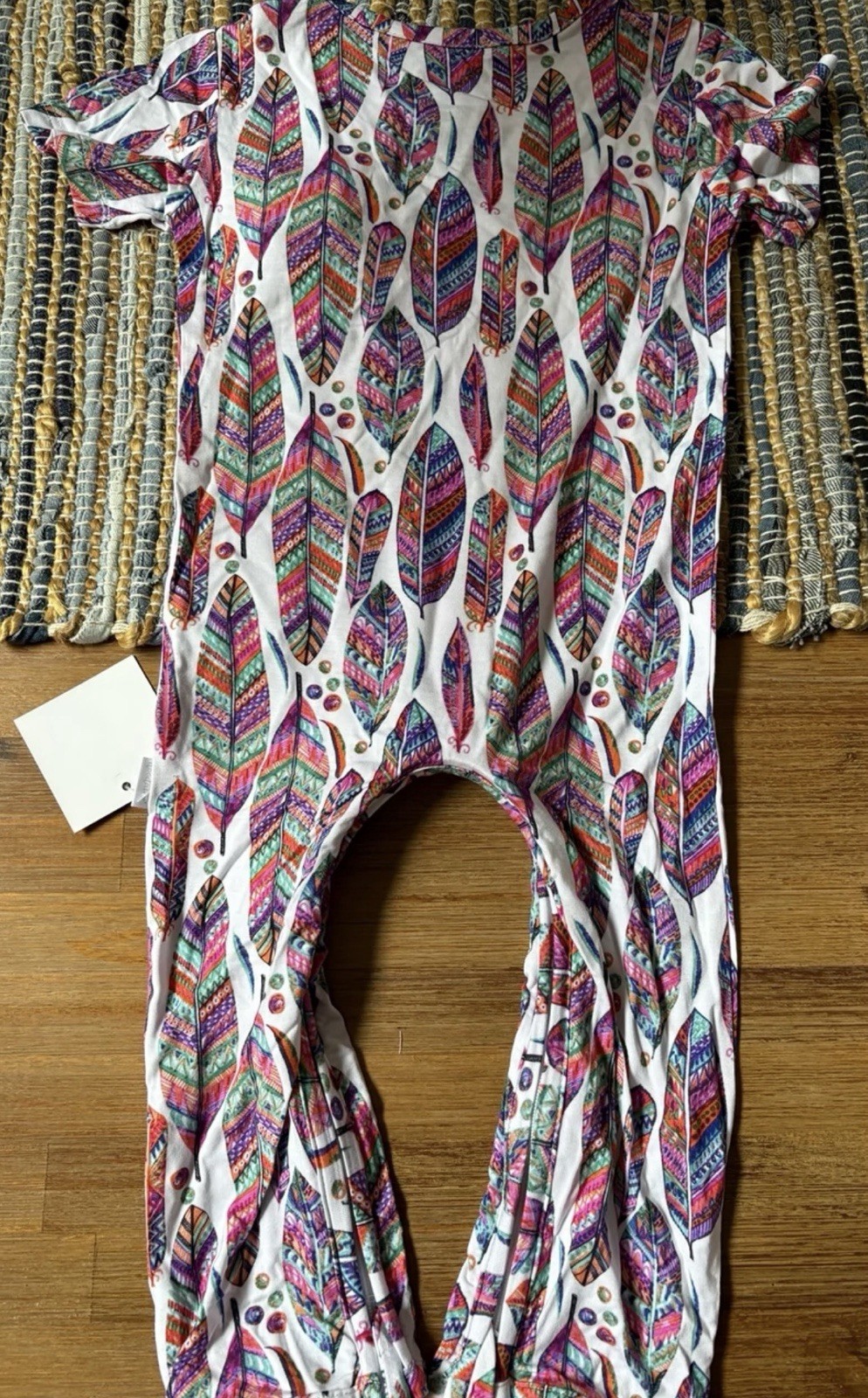 Boho colorful feather print bamboo jumper/romper-short sleeve pocket-Toddler 18-