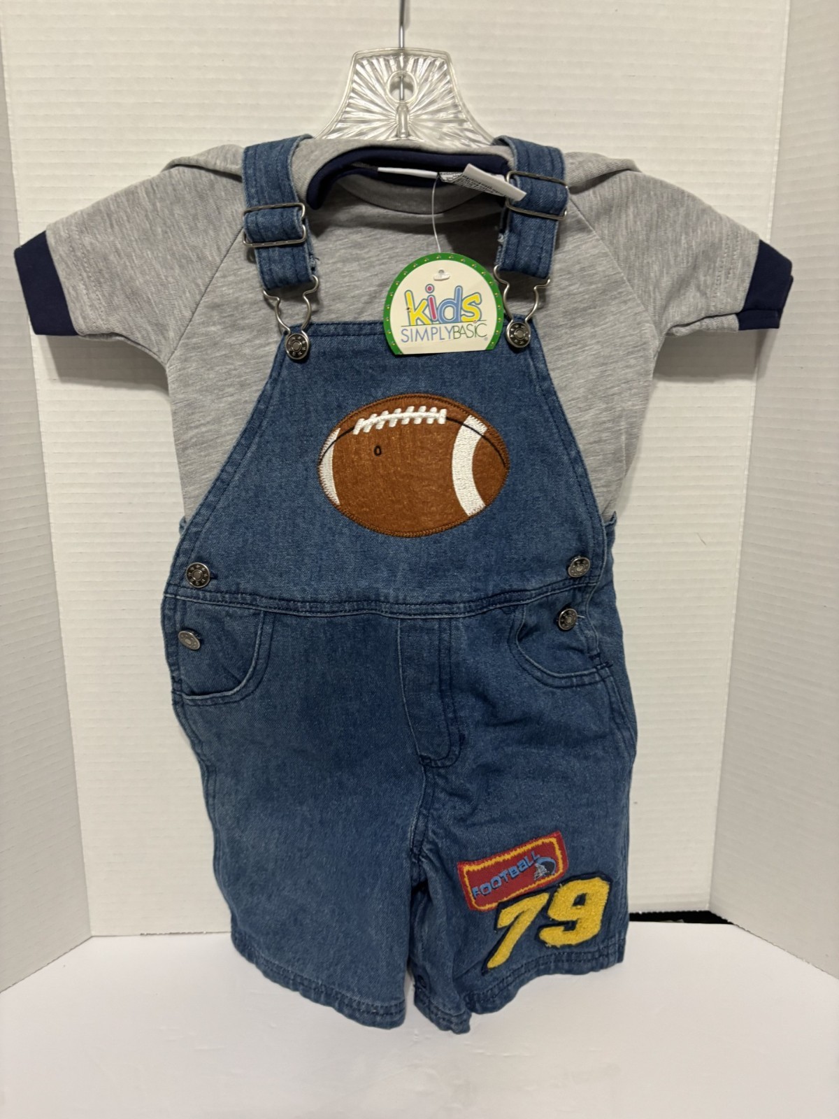 Simply Basic Denim Football Overall Shorts & Shirt Set 18 months NEW WITH TAGS