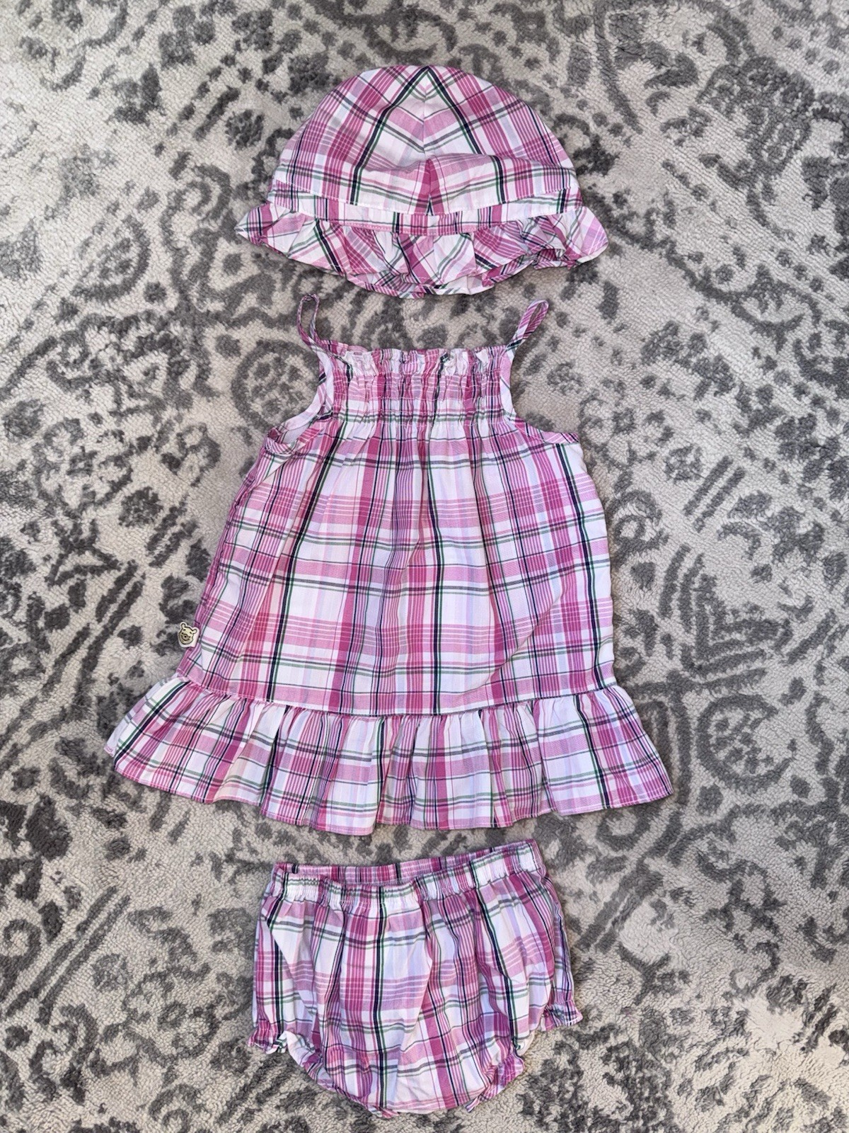 Vintage Disney Winnie the Pooh 6-9 Months Pink Plaid 3 Piece Dress Set Baby Girl
