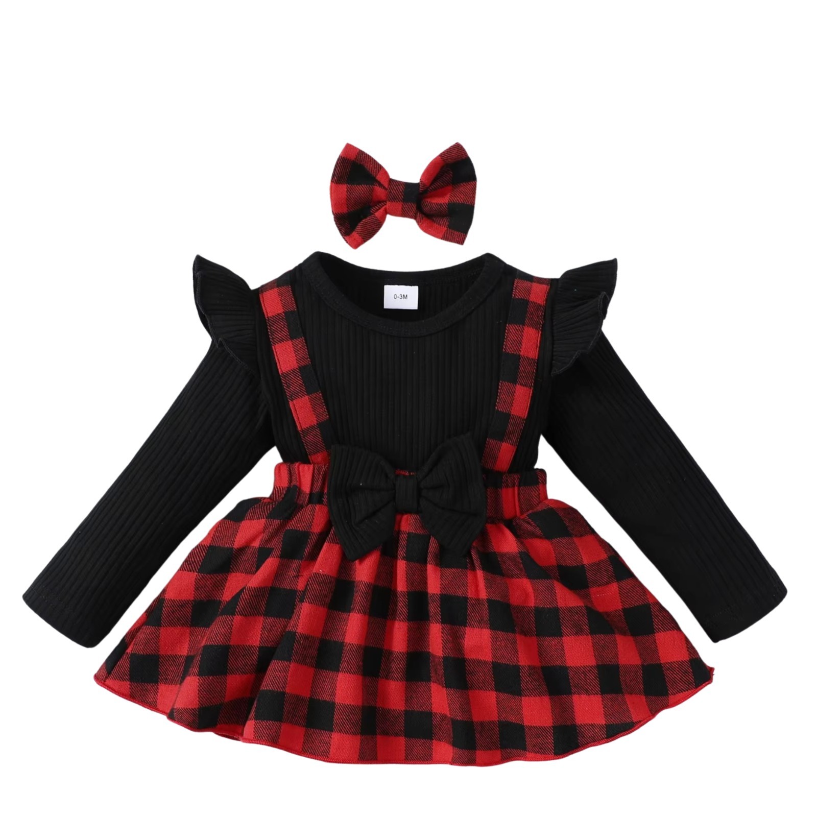 Goth Baby Girl Buffalo Plaid Dress Set Black Red Romper Bow Headband 0-18M