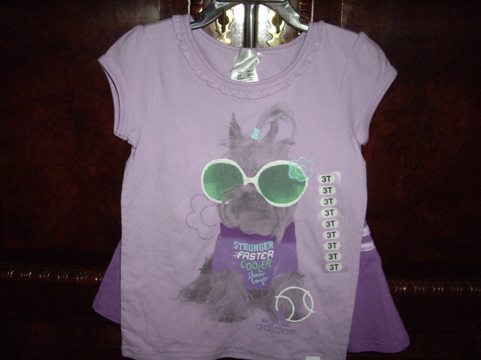 T9 NWT Girls Size 3T Adidas 2pc Top Skort Outfit Puppy Dog Purple Runs Big