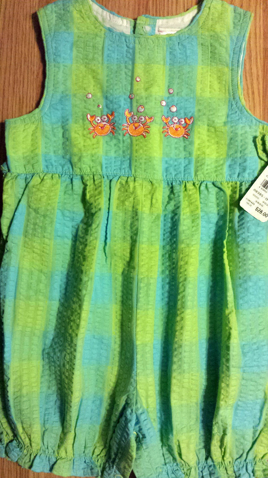 NWOT Girl’s Size 3T Years One Piece Green/ Blue Carter’s Crabs Shorts Romper