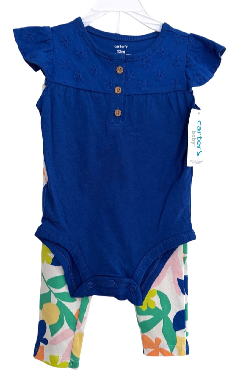 Carters Baby Floral Bodysuit Pant Set 12M Cotton Knit Eyelet Flutter Sleeve NWT