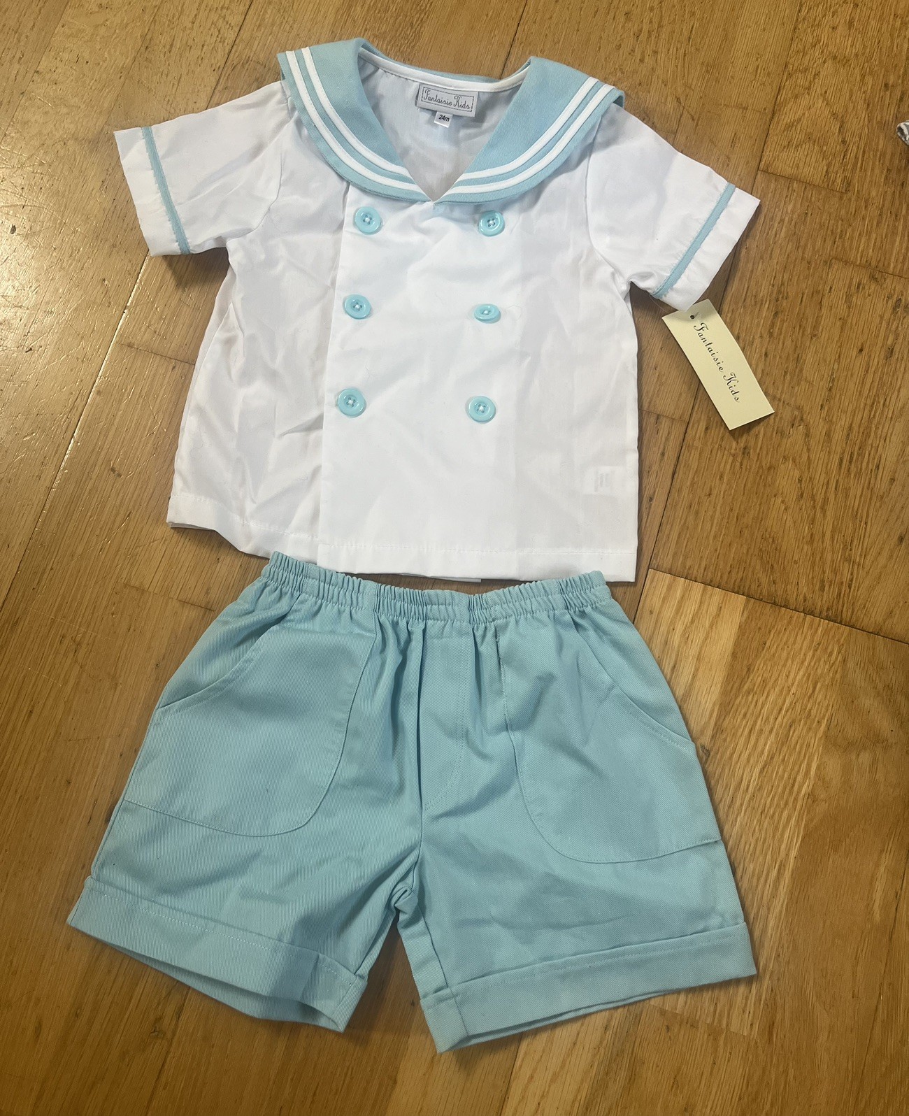 Fantasie kids boutique sailor Shirt Button Shorts Outfit Set 24 Months