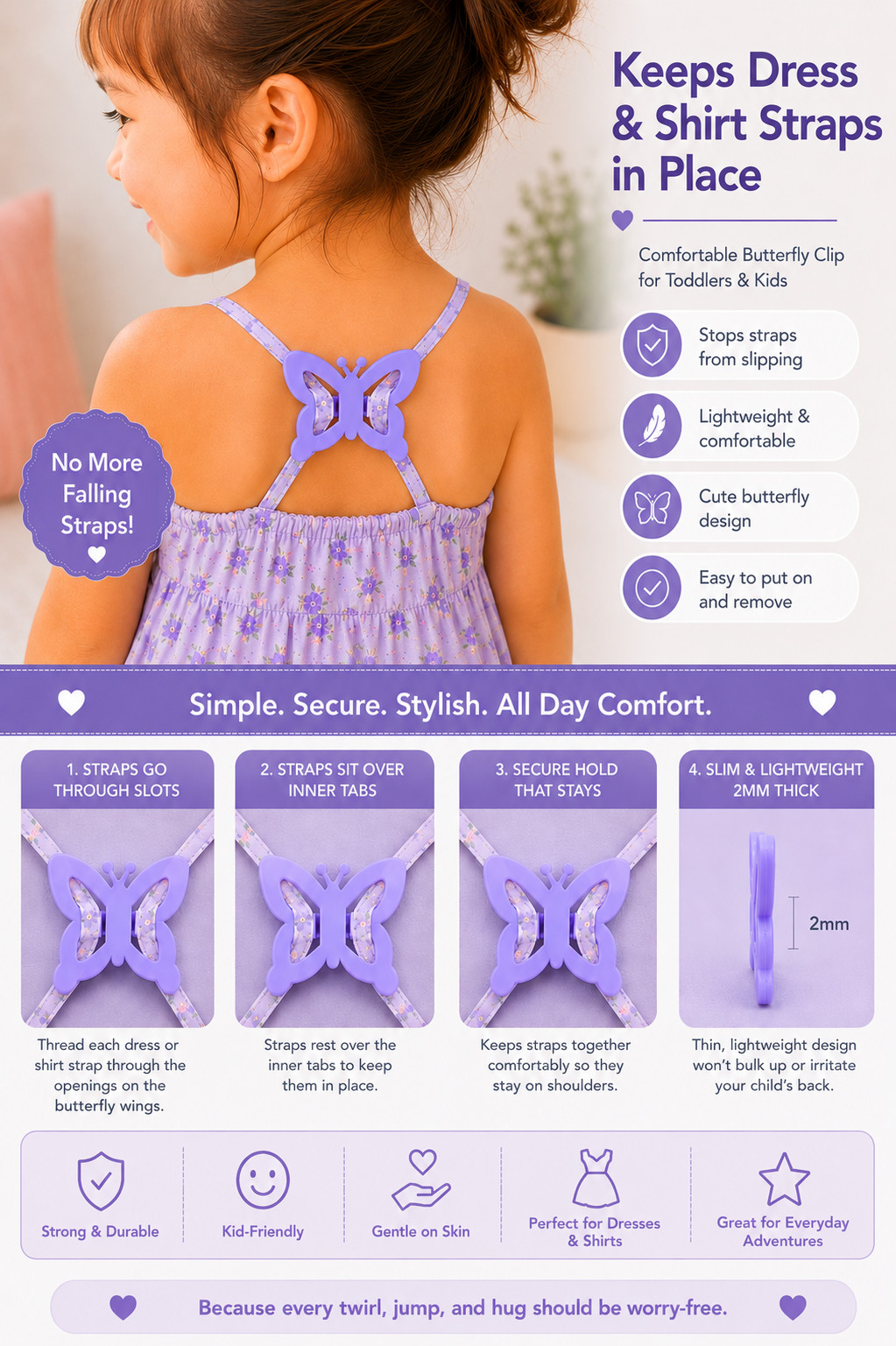 Toddler/Girls Dress Strap Clips, Butterfly Strap Holder, Prevent Falling Straps