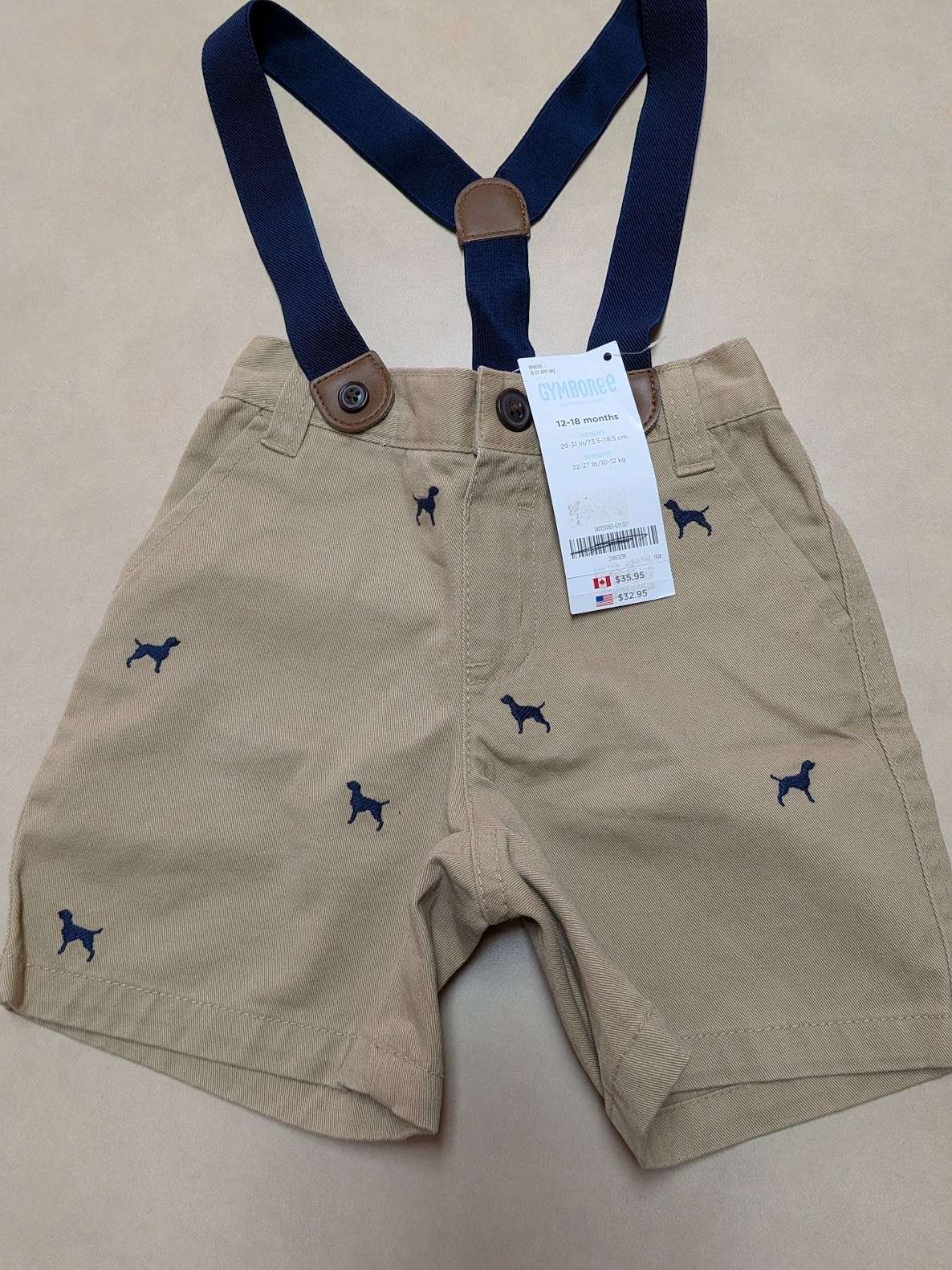 Sz 12-18 months ~ Gymboree Baby Boy DOG Beige Shorts & Suspenders NEW