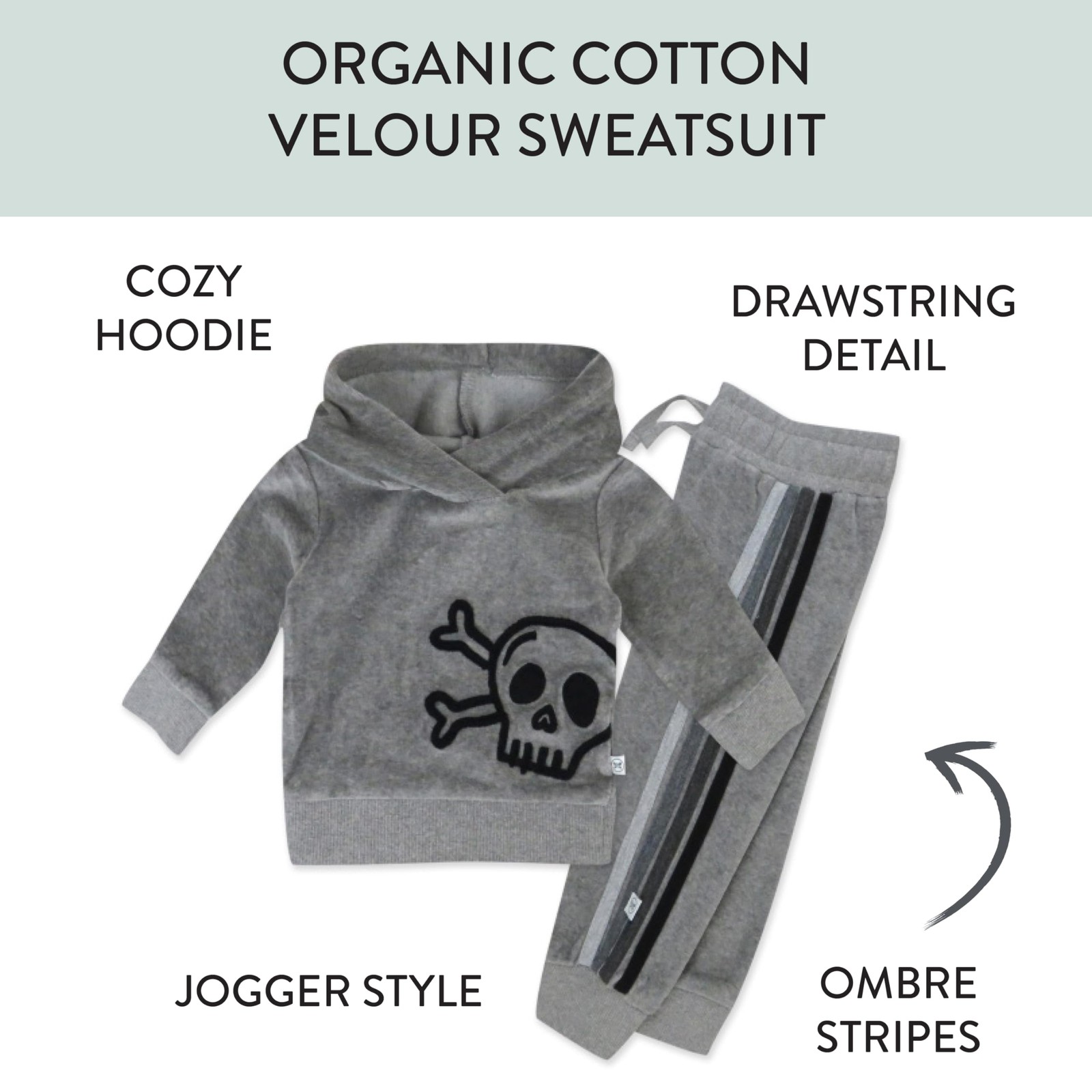 HonestBaby Velour Pullover Hoodie and 6-9 Months, Heather Gray Skull Stripe