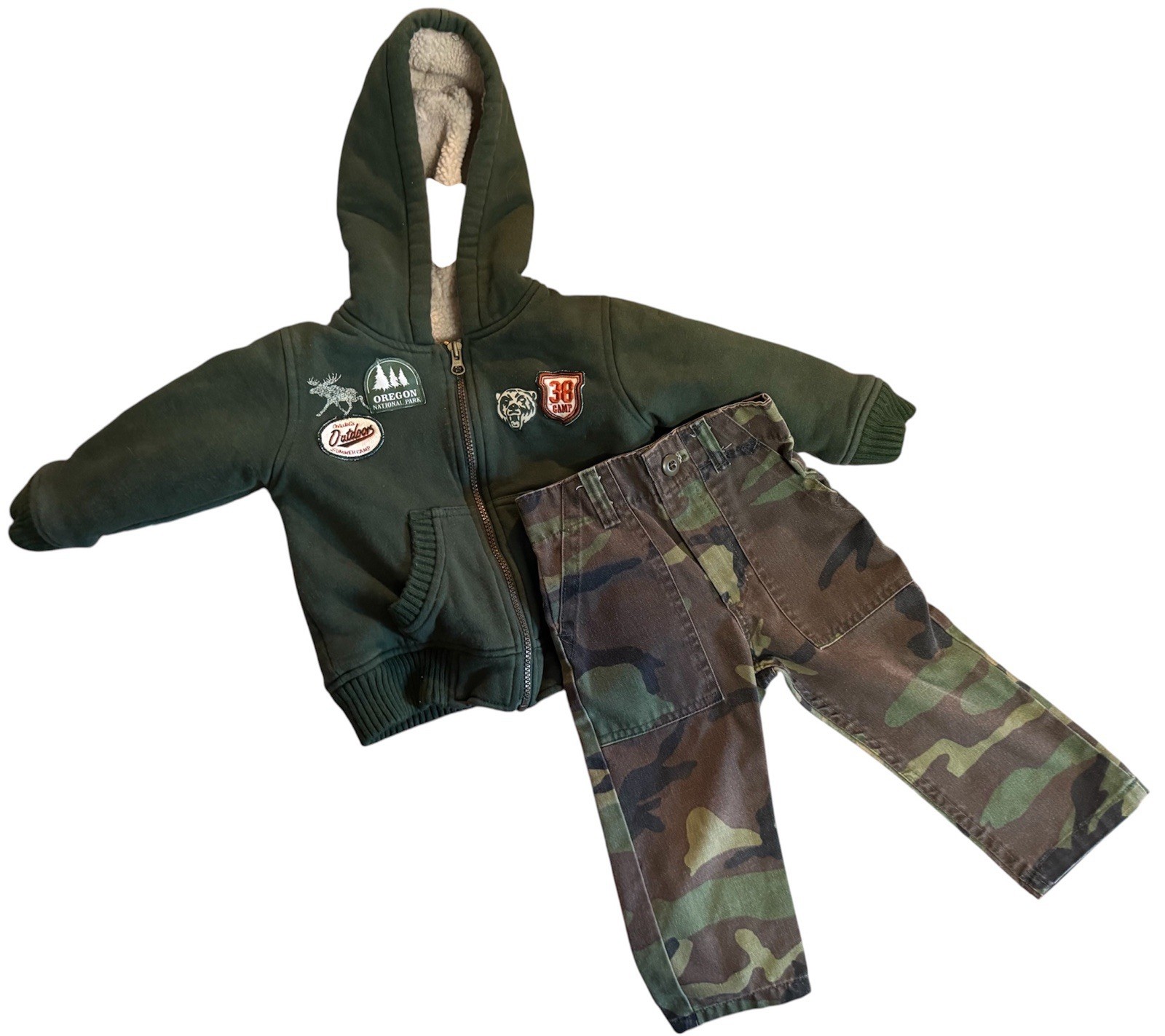 18-23 Month Toddler Y2k Camo Pants Sherpa Lined Green Nature Hooded Jacket Set