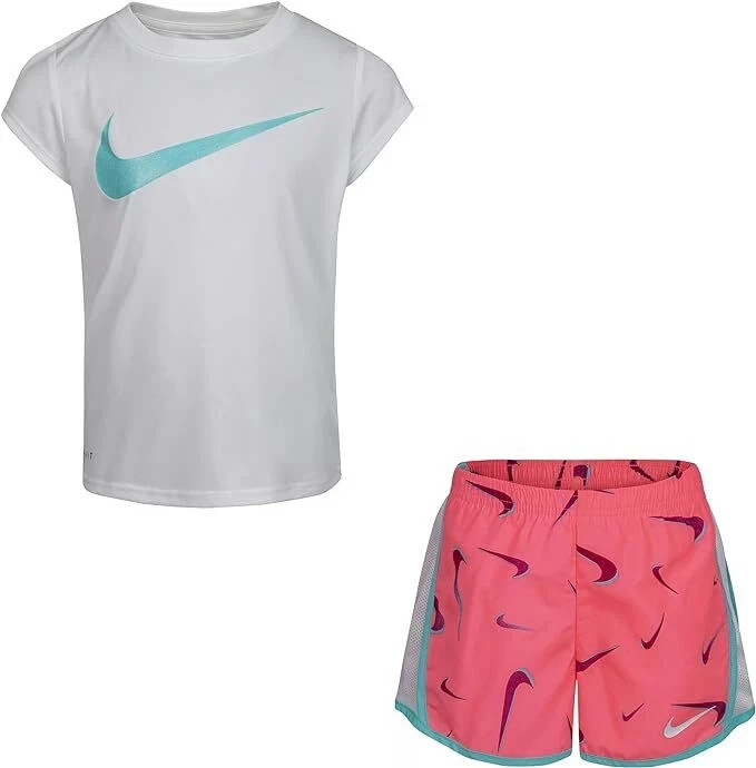 Nike Dri-Fit Little Girl’s 2-Piece Graphic Tee & Short Set 4T Sunset Pulse