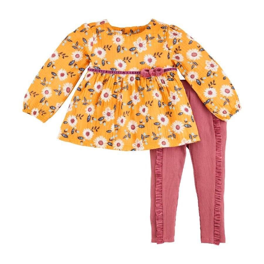 Mud Pie Thanksgiving Mustard Floral Tunic and Berry Legging Set 12-18 Months