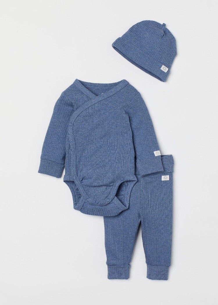 NWT H&M Size 9 Months Blue Bodysuit Leggings Hat 3 Piece Set In Organic Cotton