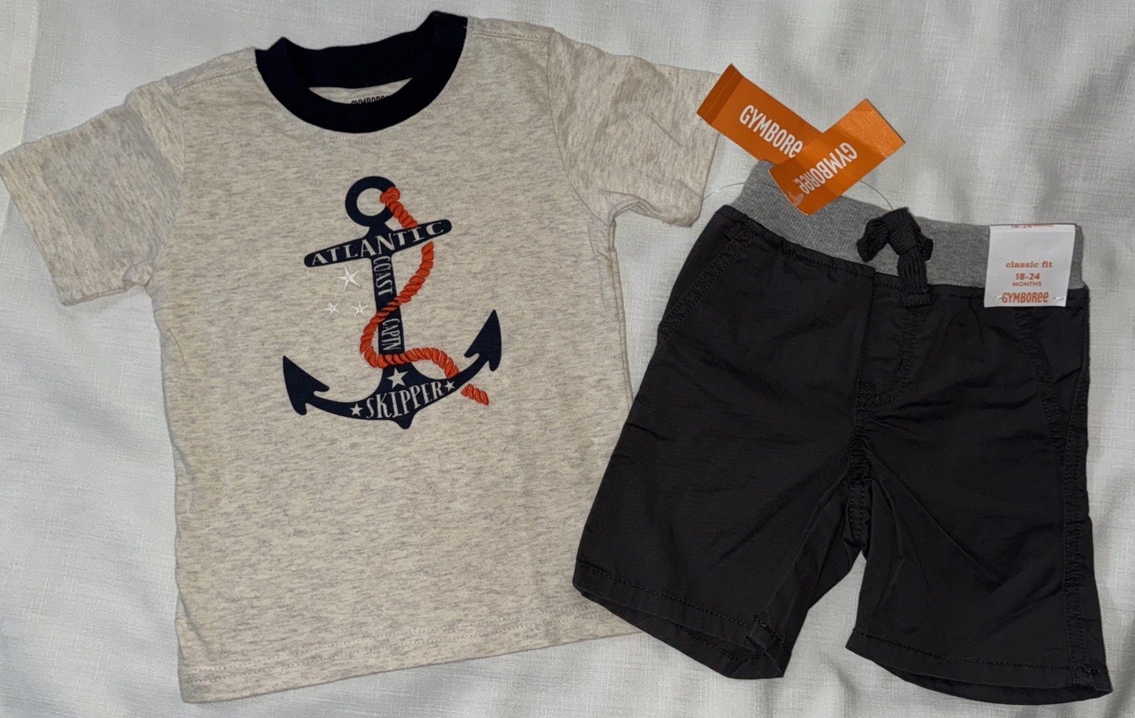 Gymboree Boys Size 18-24 Months Tan Fresh Catch Anchor T-shirt Gray Shorts New