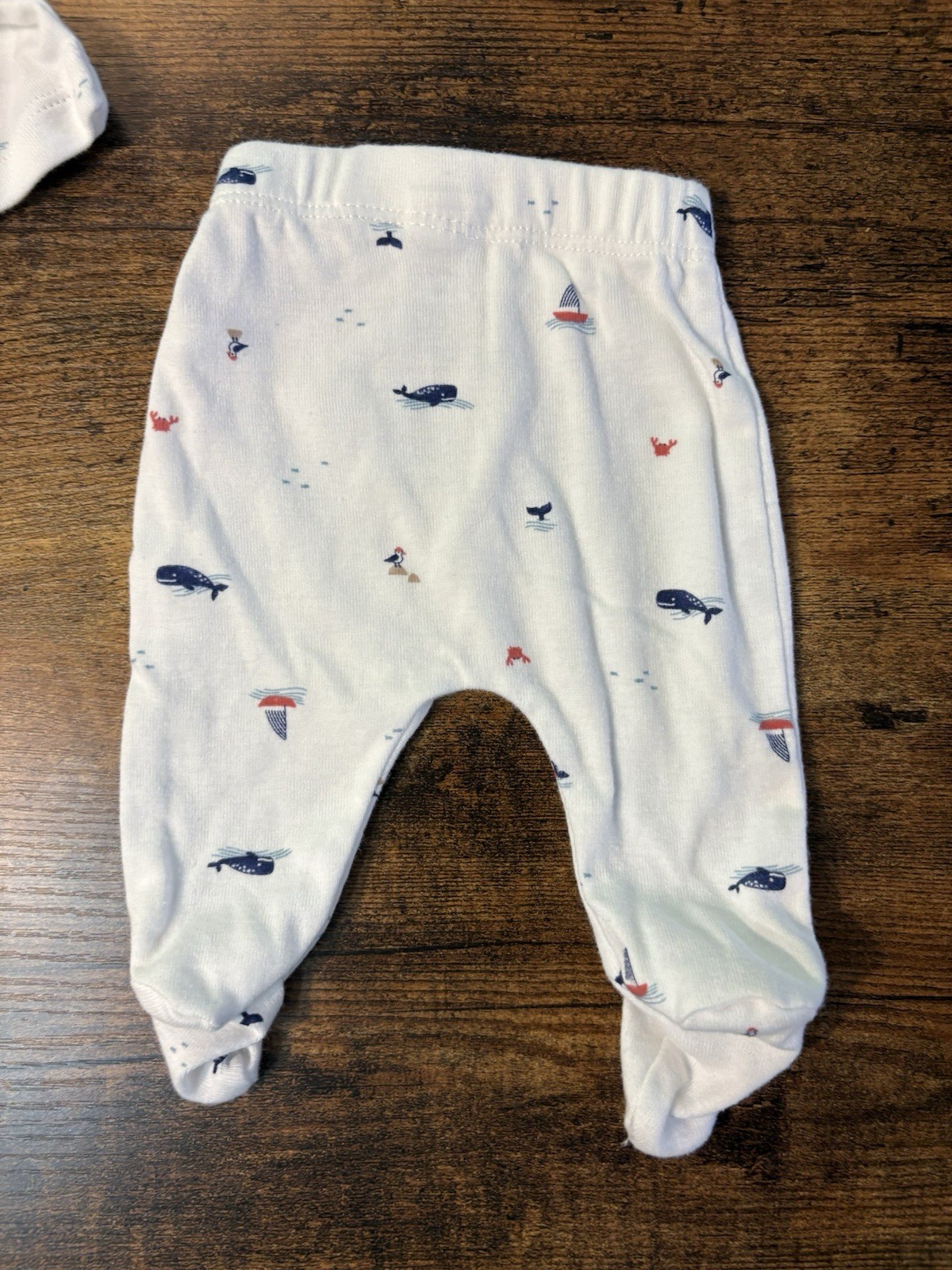 Preemie Baby Matching Set White Whale Print Footed Pants & Long Sleeve Shirt EUC