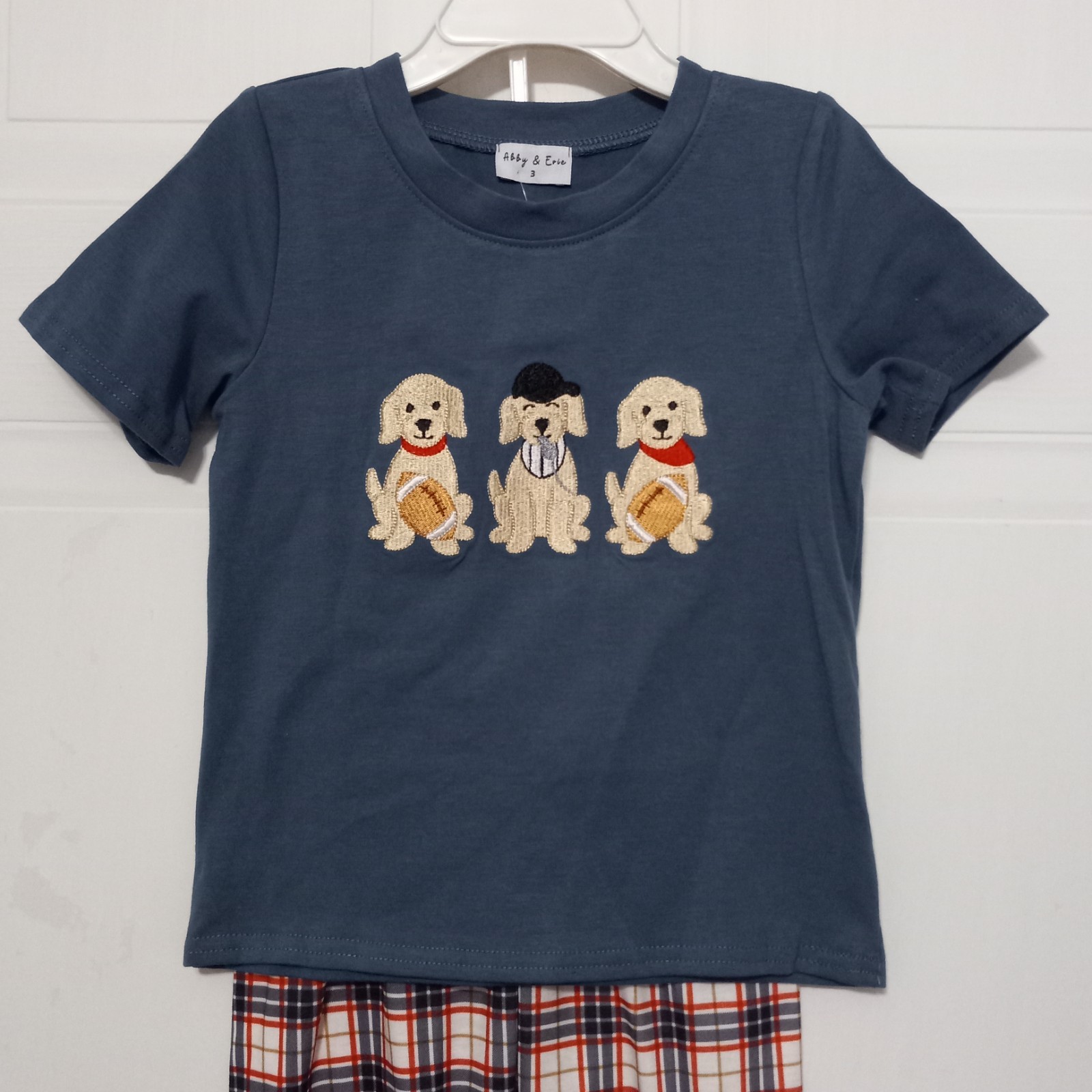 NWT Abby & Evie Boys 3T Dogs Football Plaid Pants Set Embroidered Short Sleeve