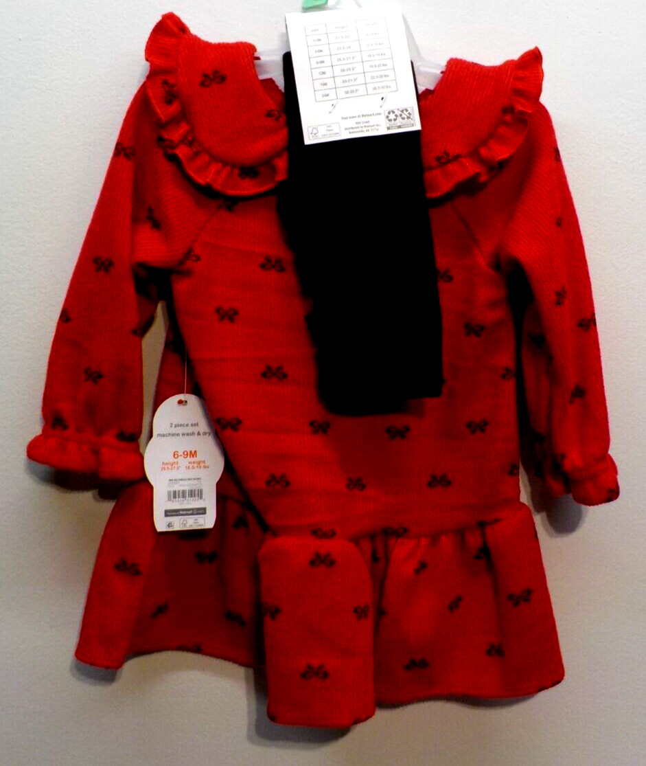 Wonder Nation Baby Girl Christmas Dress w/Footed Tights 2-Piece Set 6-9 Months